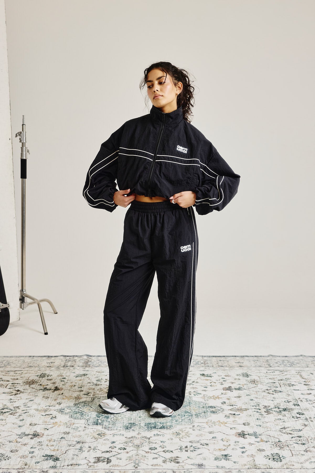 Crinkle Nylon Cropped Piping Track Jacket & Wide Leg Jogger - Black