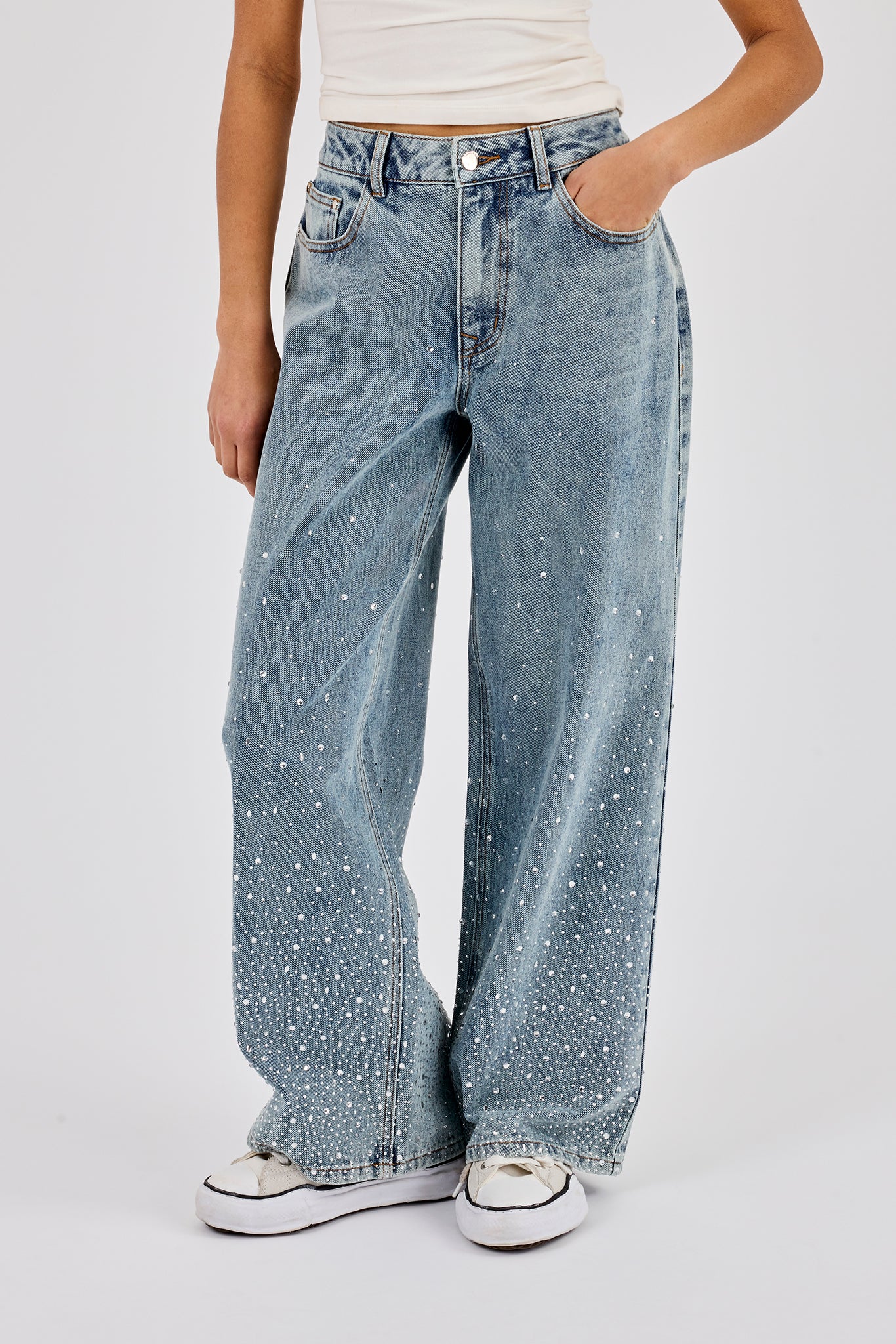 Rhinestone Detail Baggy Jean - Antique Wash
