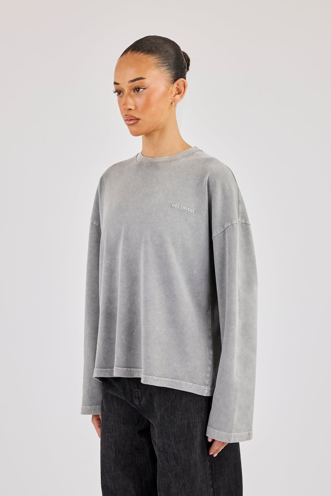 Damen-Langarmshirt, gewaschen – Aschgrau