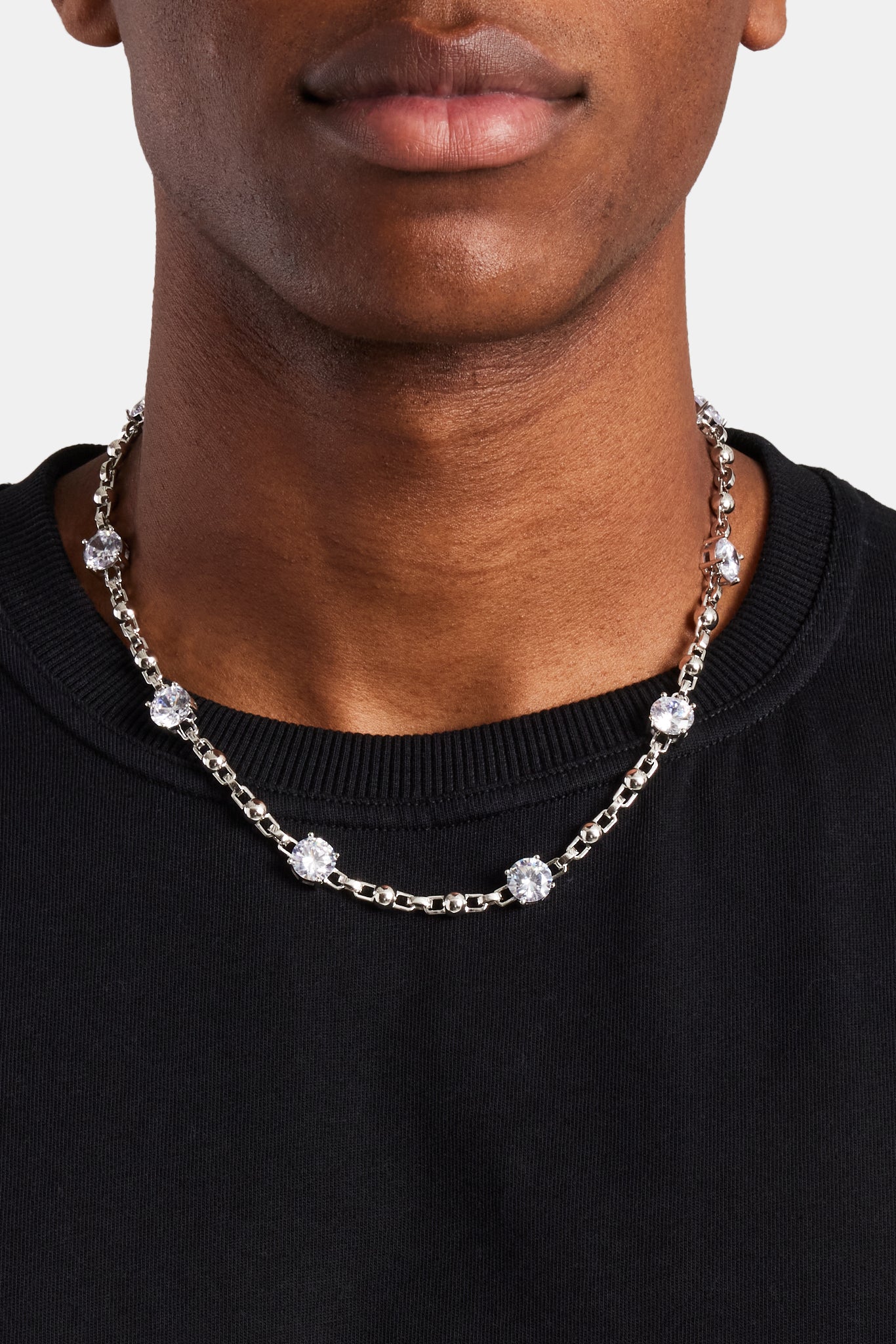 Iced CZ Gem & Ball Chain Mix Chain - White | Mens Chains | Shop