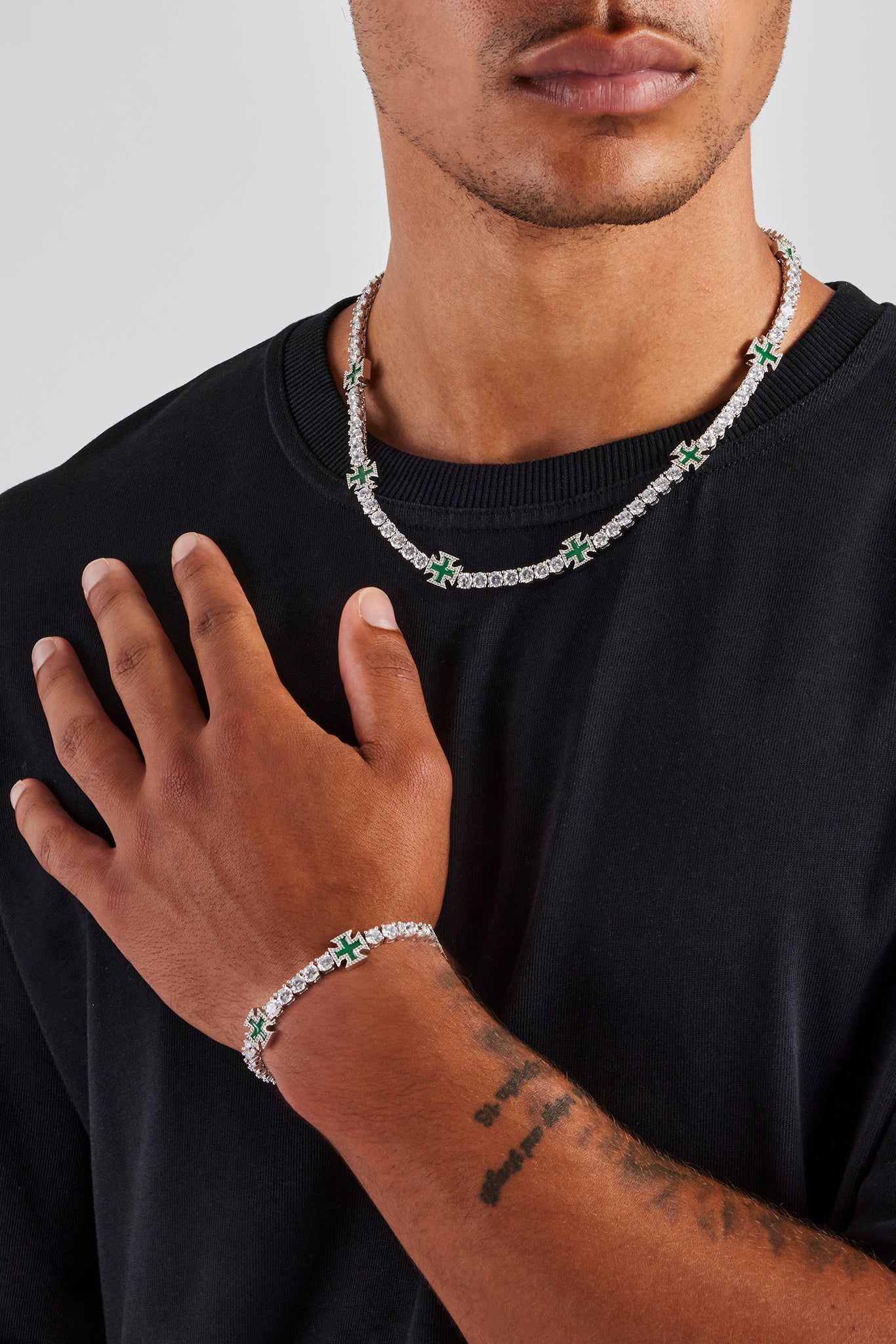 Green Cross Motif Tennis Chain & Bracelet - 5mm | Mens Bundles