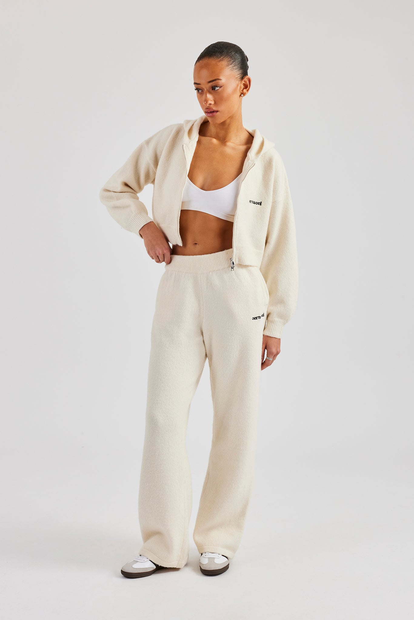 Cropped Knitted Zip Through Tracksuit - Ecru | Womens Sets | Shop