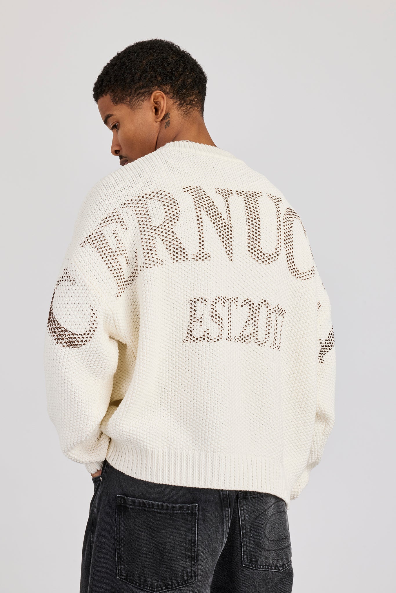 Textured Knit Printed Sweatshirt - Off White | Mens Knitwear