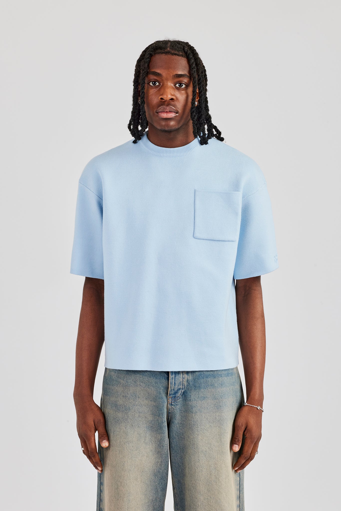 Premium Knitted Short Sleeve Boxy T-Shirt - Powder Blue | Mens