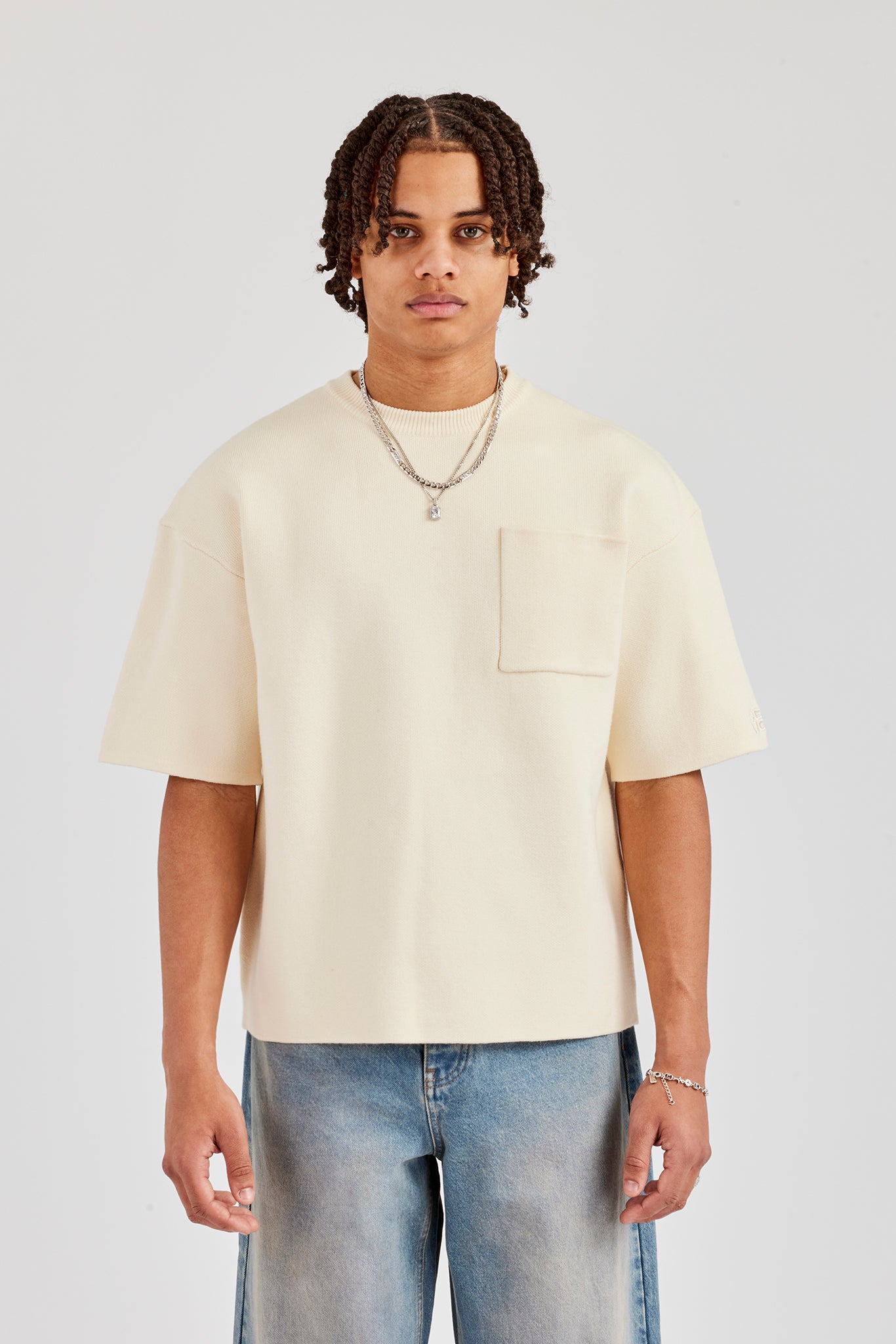 Premium Knitted Short Sleeve Boxy T-Shirt - Off White | Mens