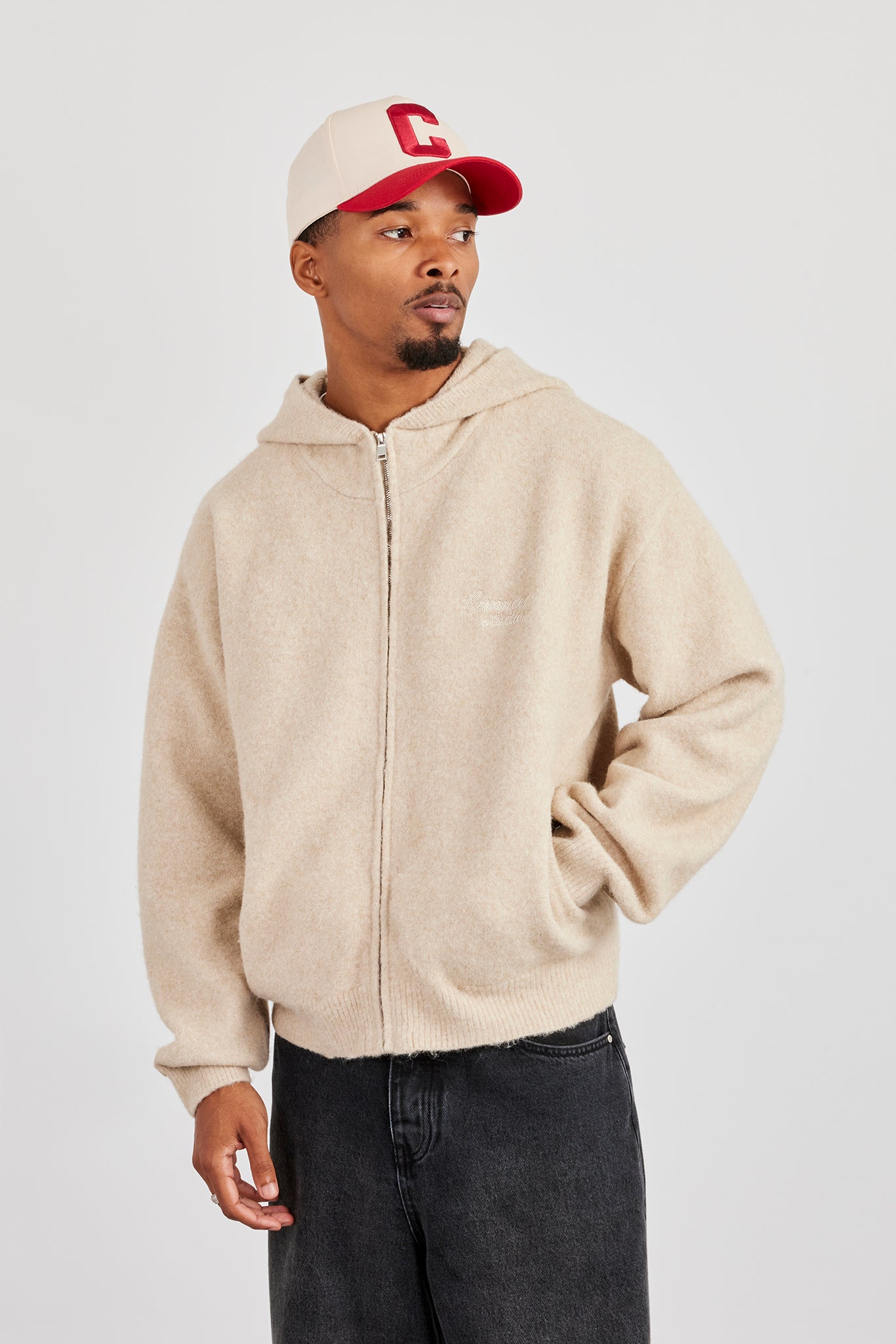 Knitted Extended Neck Zip Hoodie - Beige | Mens Knitwear | Shop