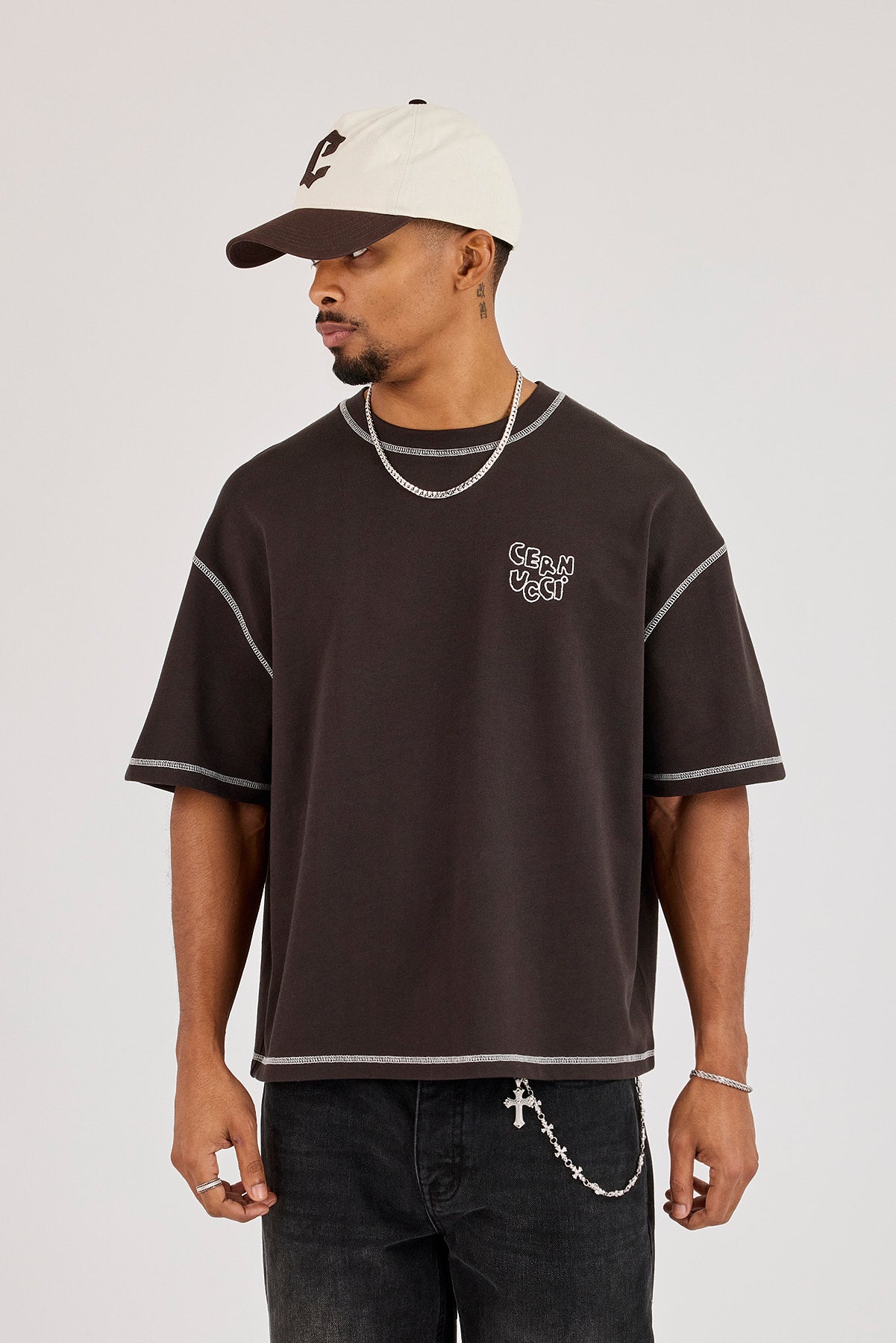 Boxy Contrast Stitch Doodle Back Print T-Shirt - Dark Brown