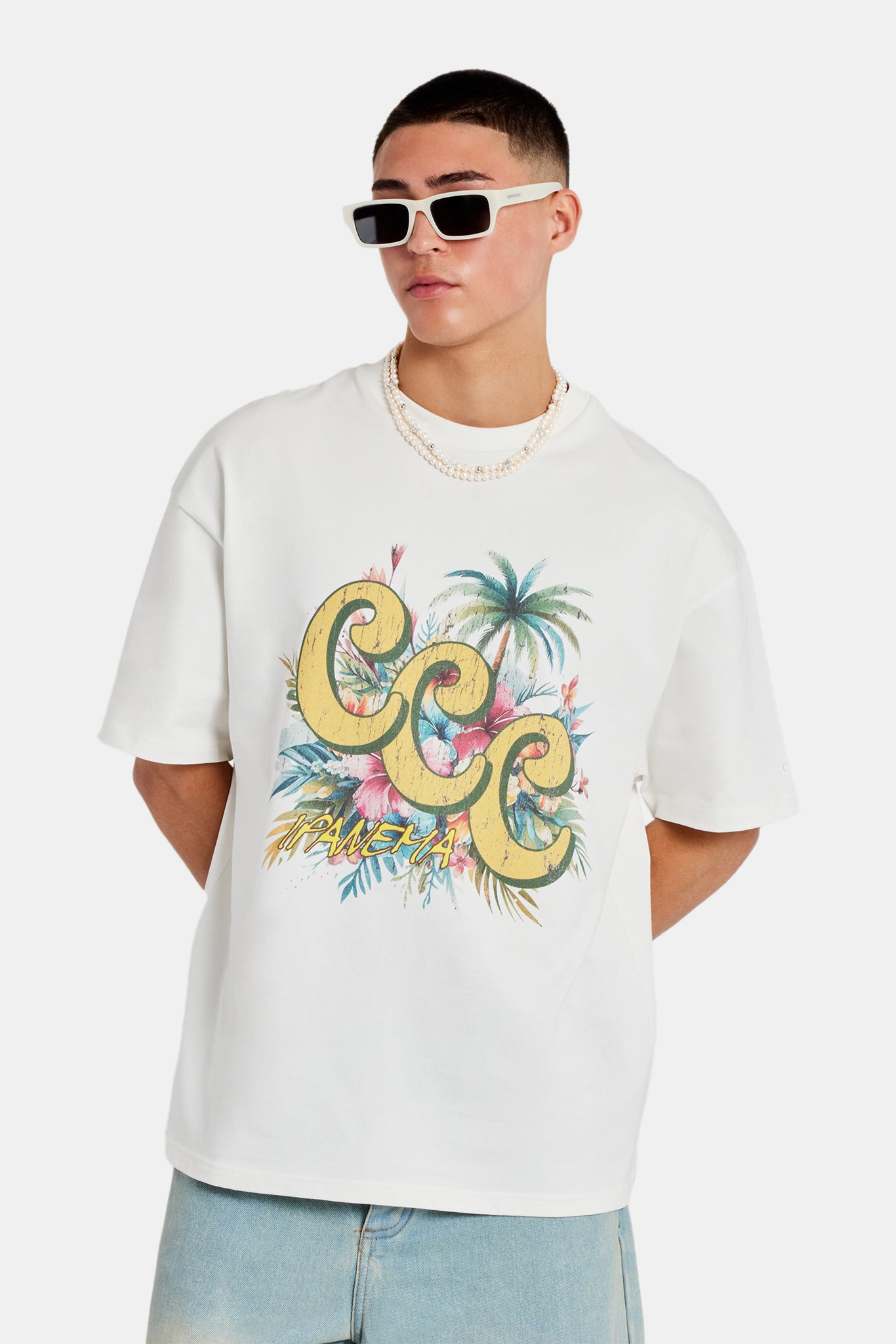 C Repeat Palm Graphic Oversized T-Shirt - Off White | Mens Tees