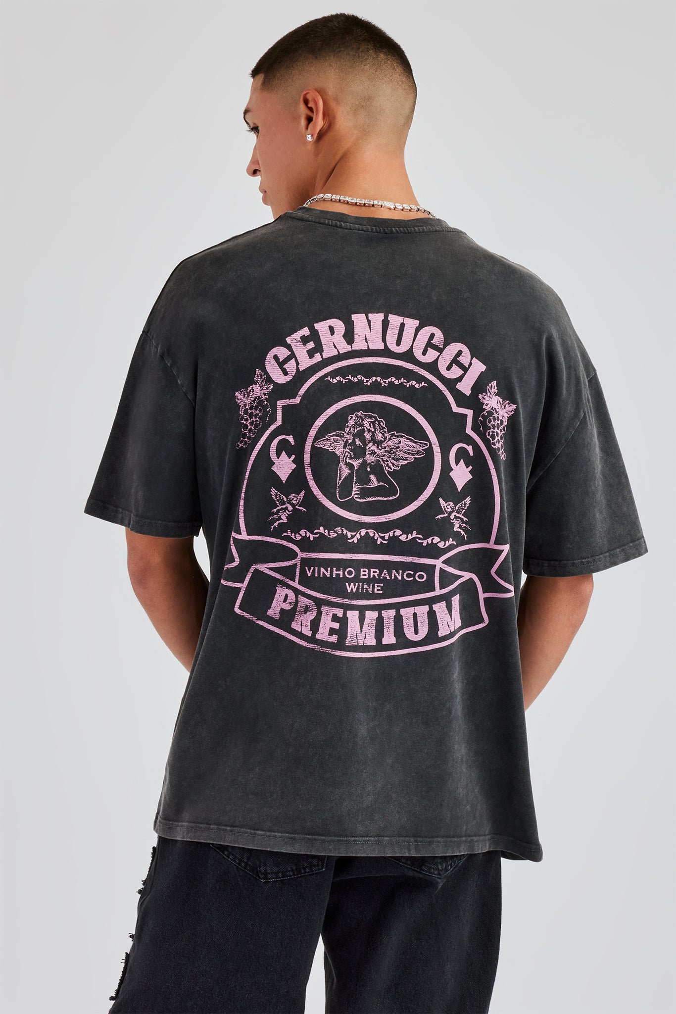 Vintage Wash Pearl Cherub Oversized T-Shirt - Charcoal | Mens Tees