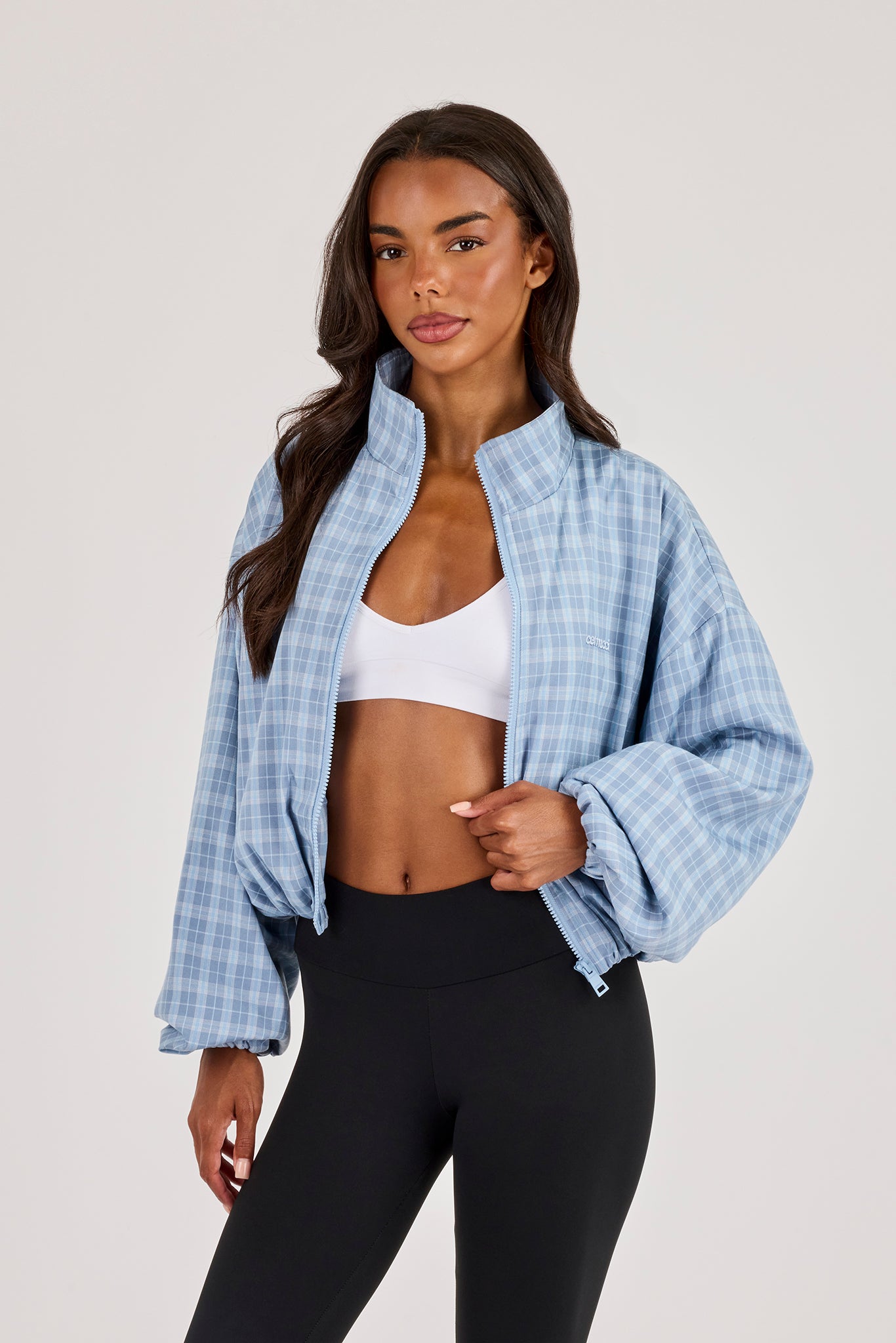 Check Funnel Neck Zip Jacket - Blue | Womens Outerwear | Shop