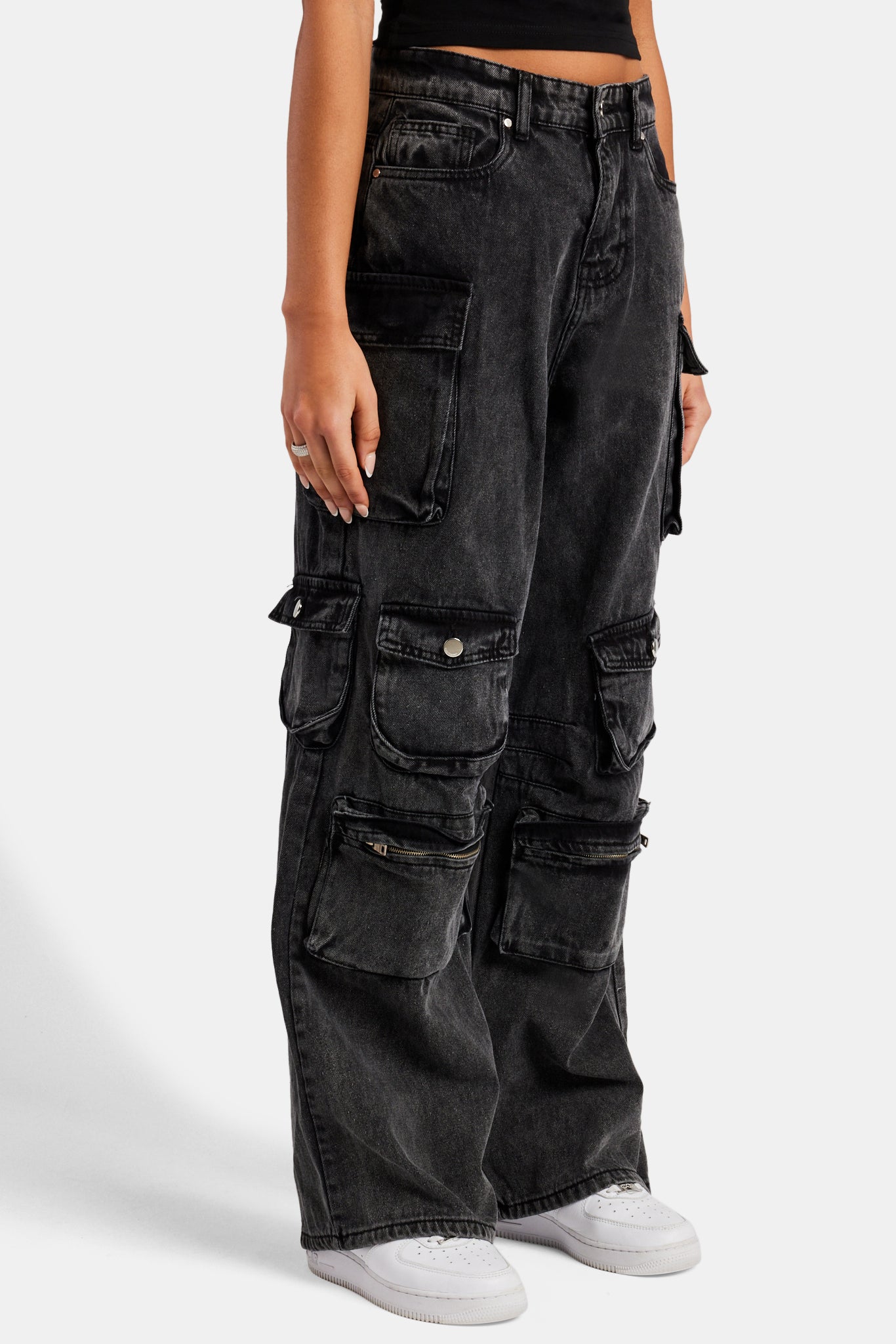Acid Wash Baggy Cargo Jeans - Black, Womens Denim