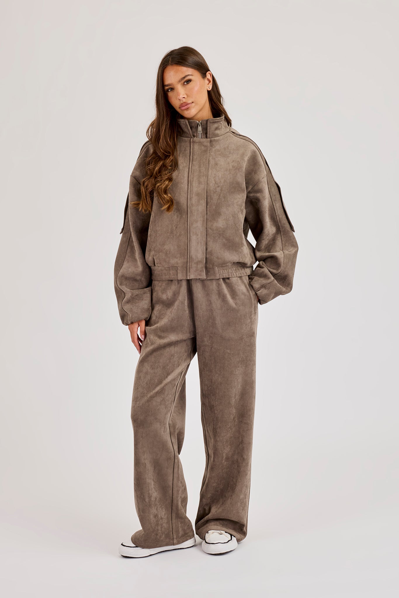 Suede Zip Through Funnel Neck Jacket & Wide Leg Trouser - Grey