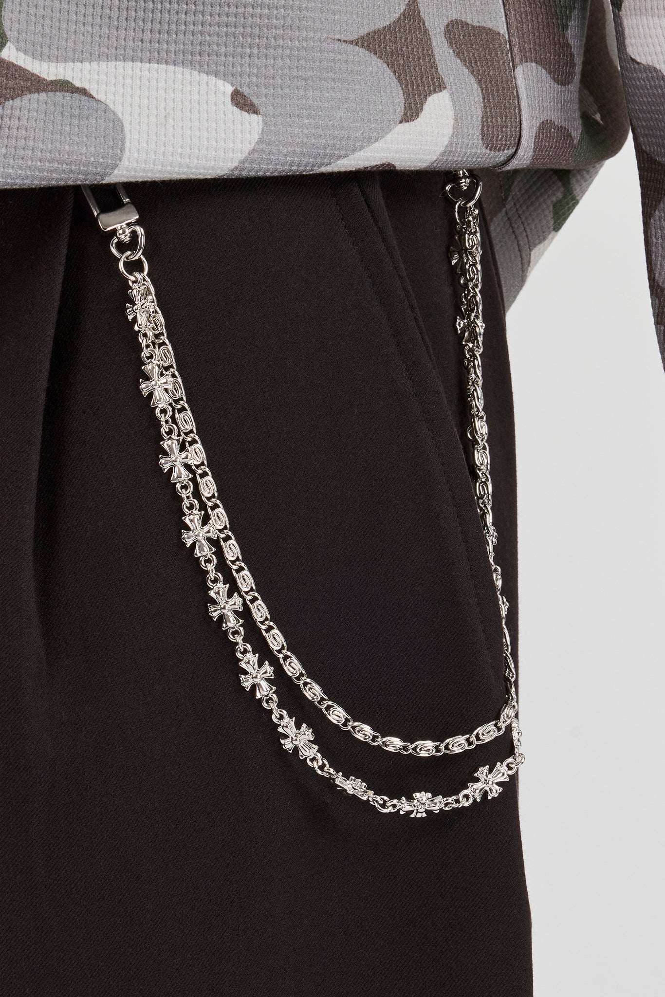 Wide Leg Tailored Trouser & 10mm Polished Double Layer Cross Motif Jean Chain - Black