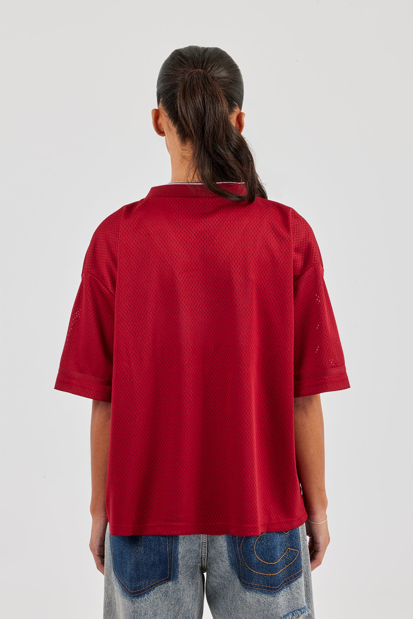 Mesh Woven Tab Football Top - Beere