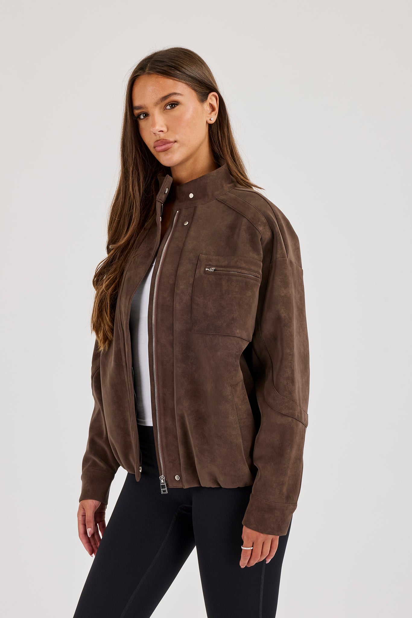 Suede Funnel Neck Jacket - Chocolate