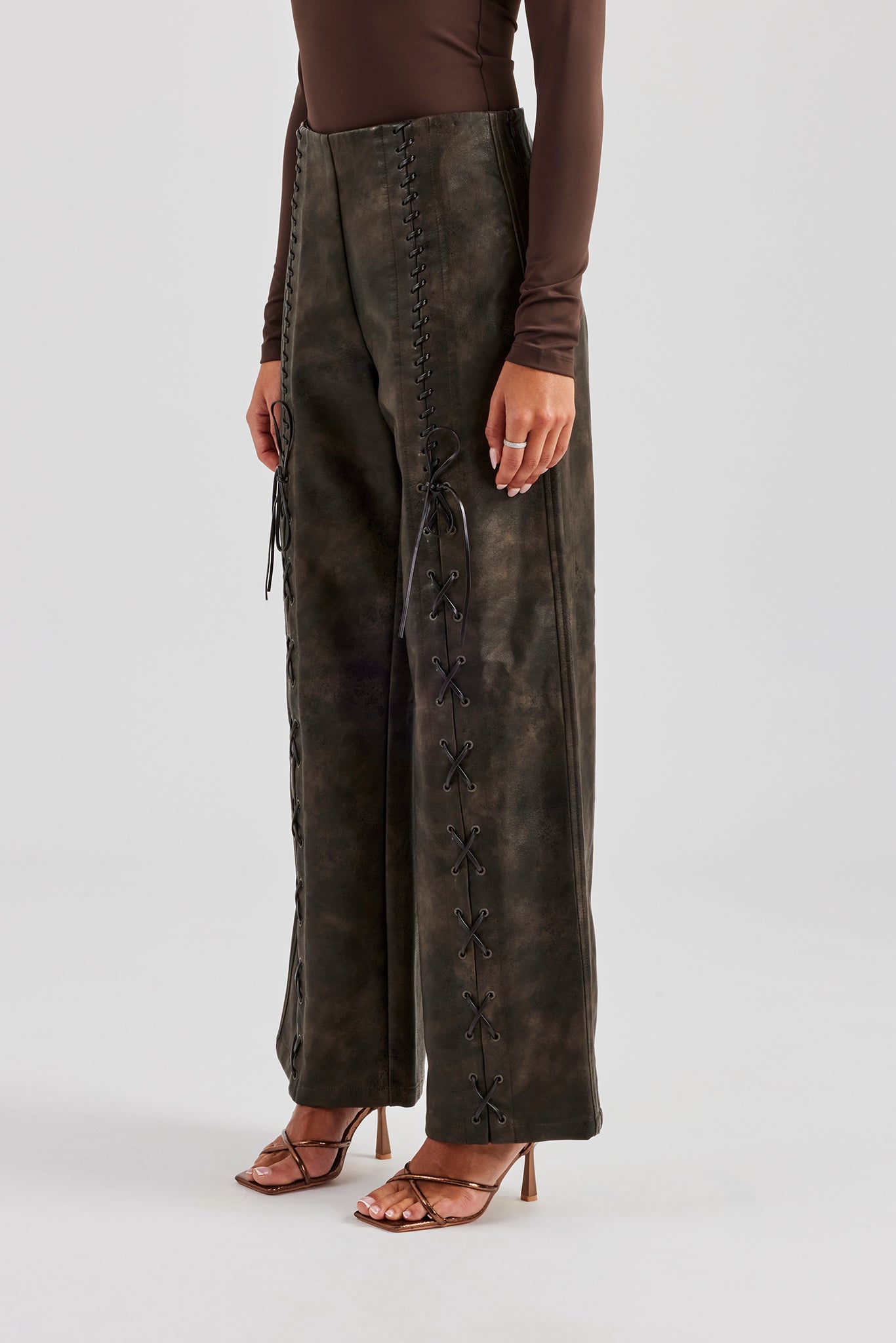 Washed PU Lace Up Detail Trouser - Brown | Womens Bottoms | Shop