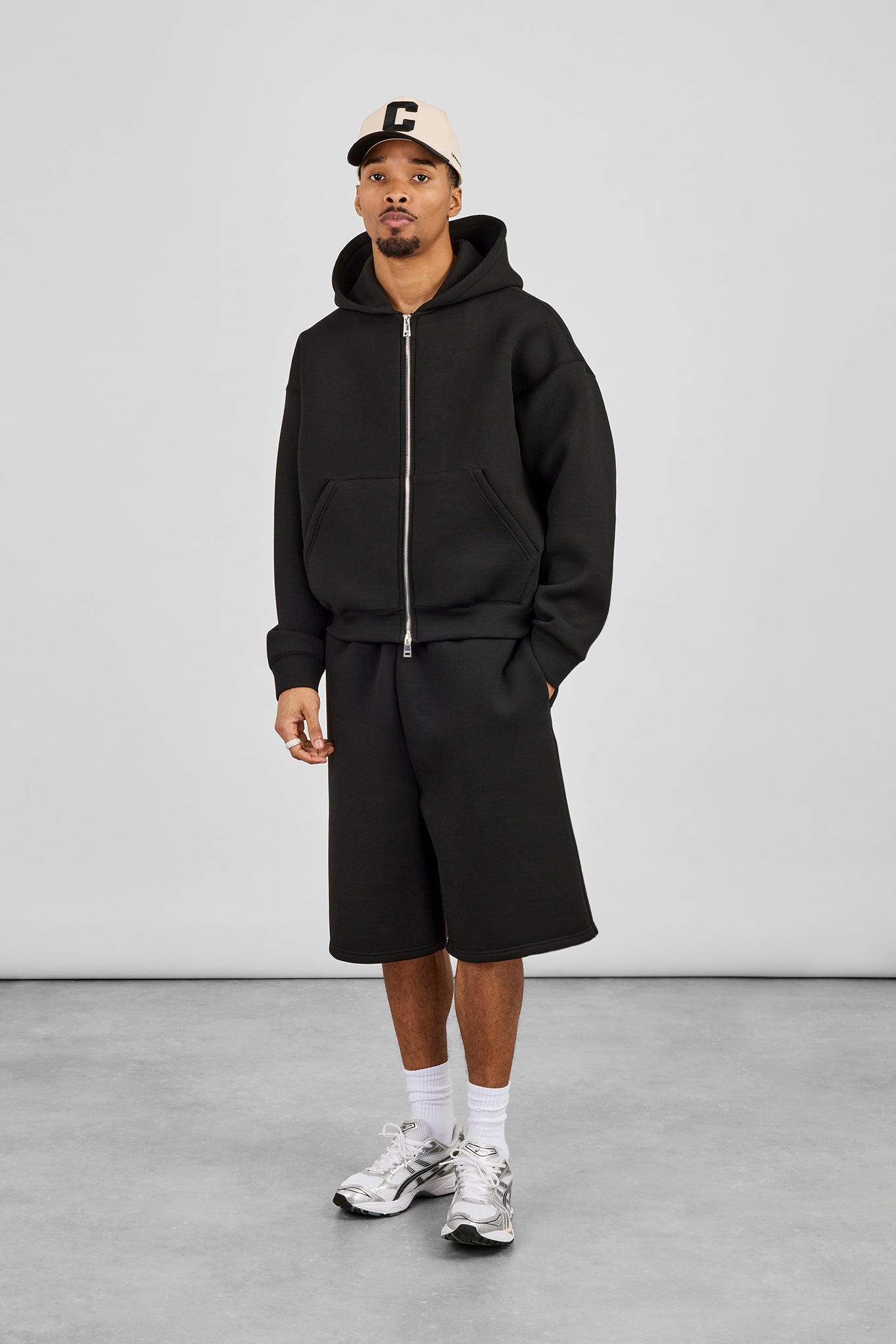 Scuba Zip Through Boxy Hoodie & Jort - Black
