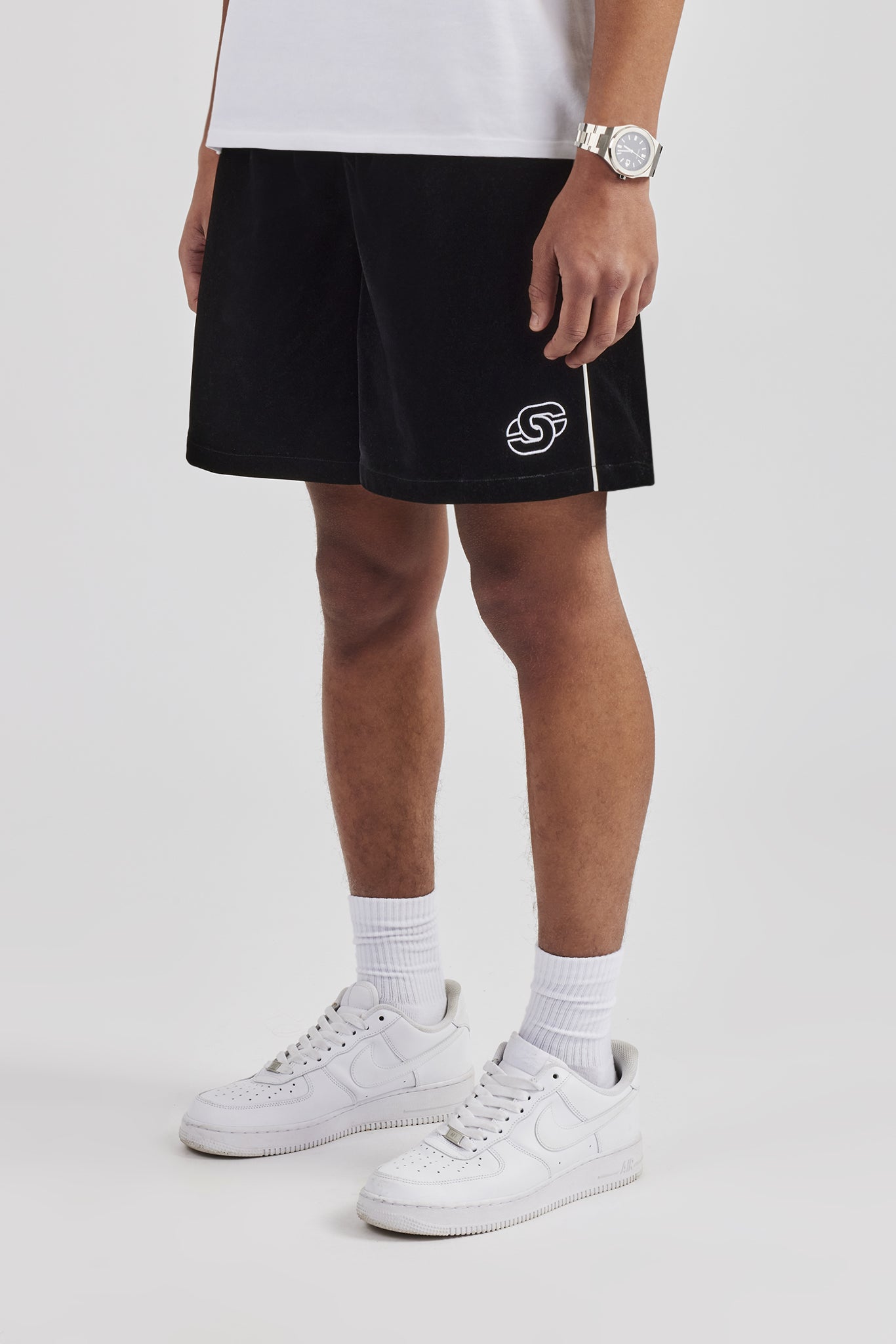 Velour Piping Track Short - Black | Mens Shorts | Shop Plain