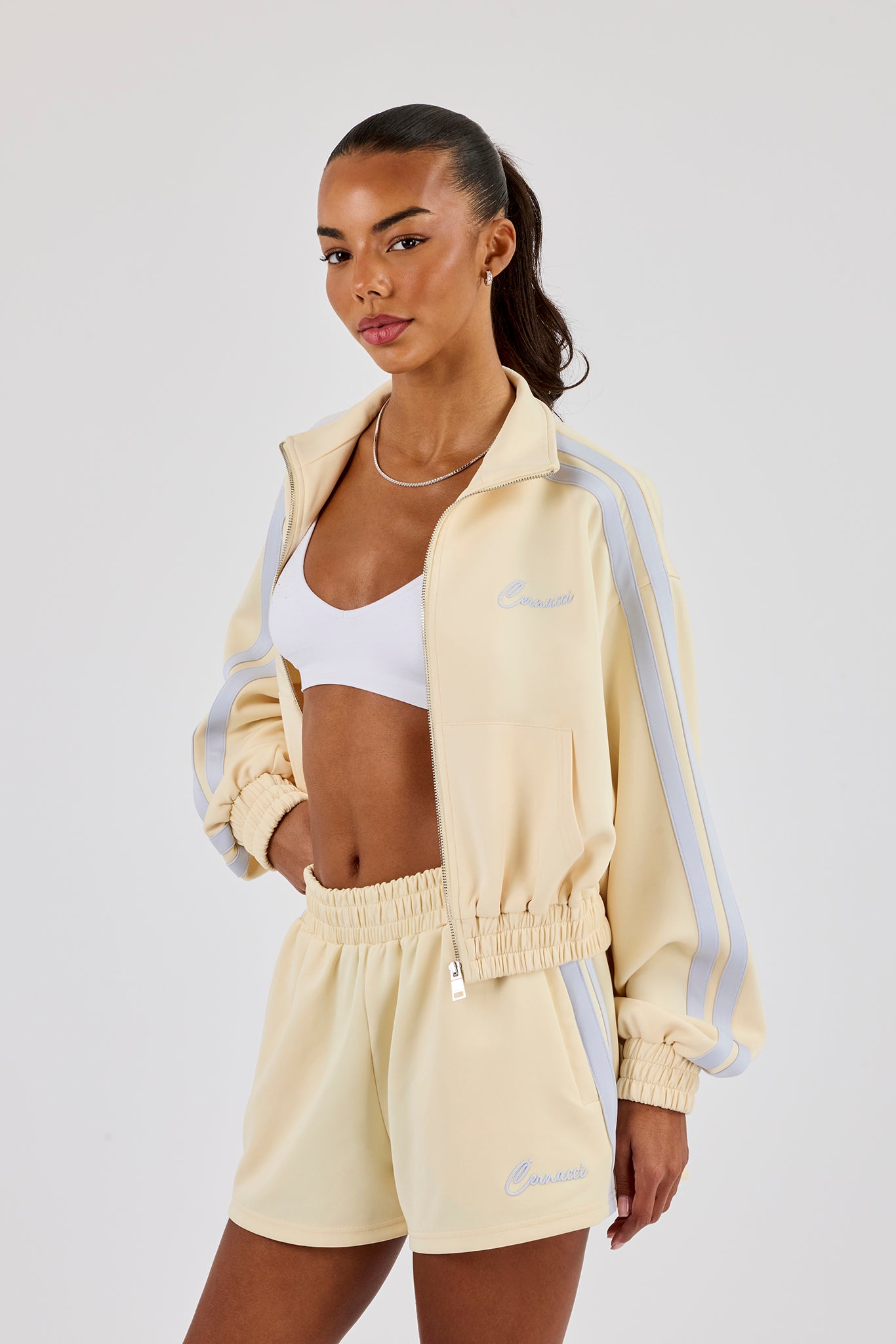 Taping Cropped Funnel Neck Jacket - Butter Yellow