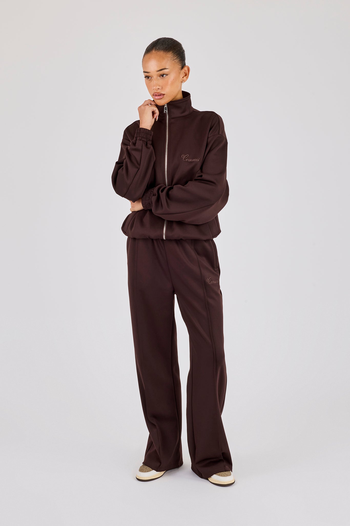 Poly Embroidered Track Jacket & Wide Leg Jogger – Brown | Womens