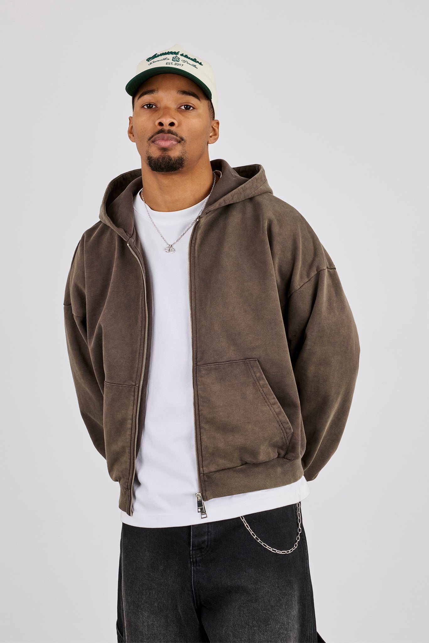 Washed Zip Through Hoodie - Brown