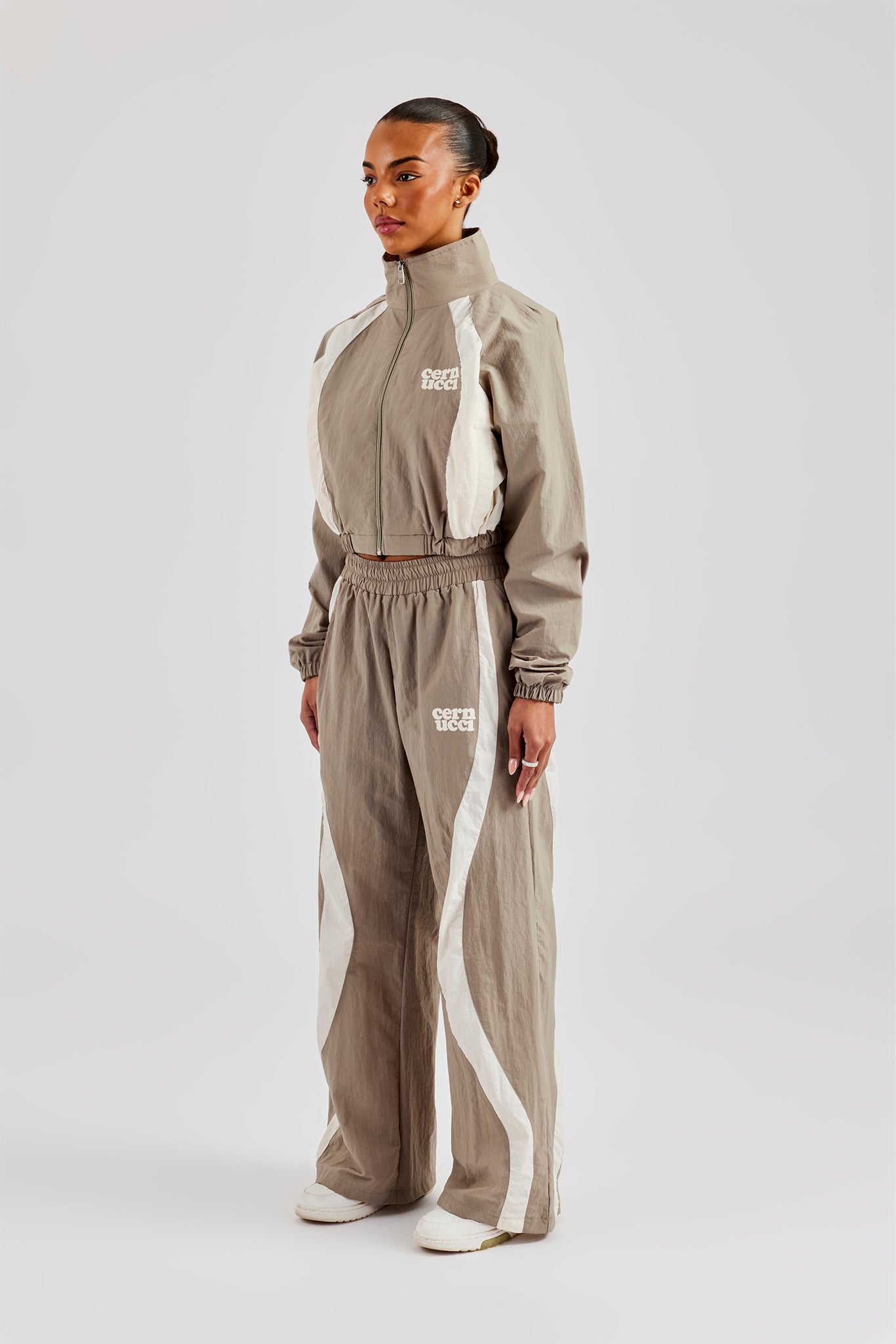Contrast Panel Nylon Zip Through Tracksuit - Khaki | Womens Sets