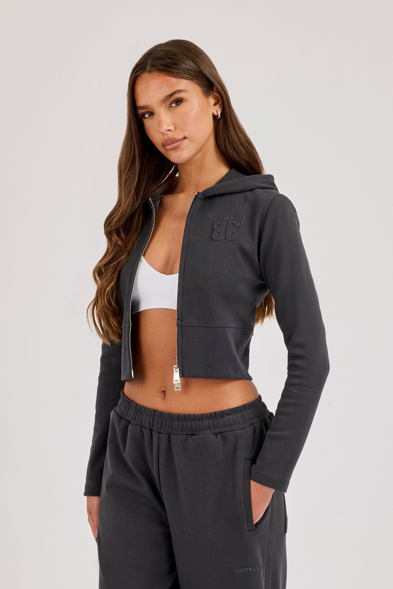 86 Applique Fitted Zip Hoodie - Charcoal