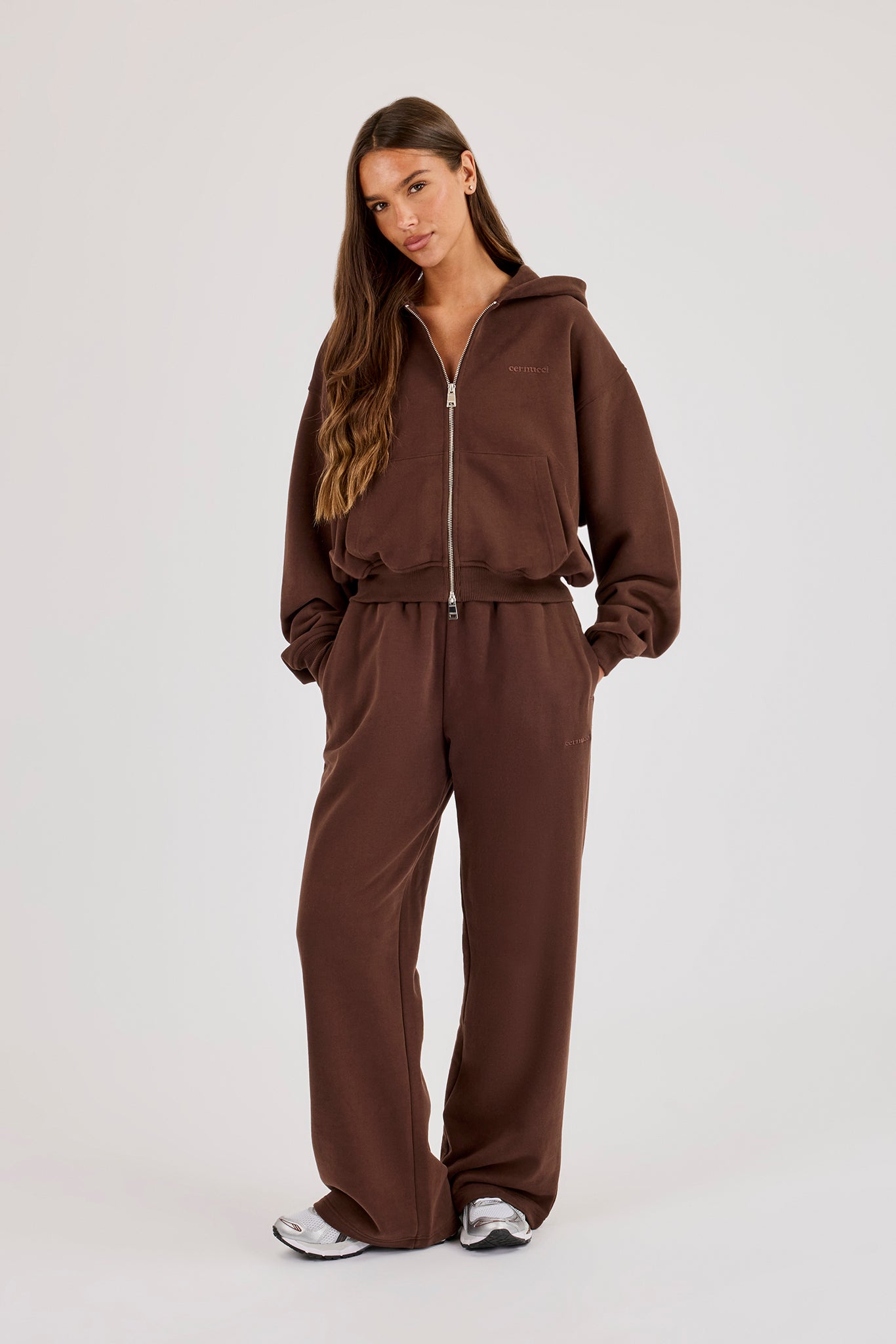 Cernucci Cropped Zip Through Hoodie & Wide Leg Jogger - Midnight Mocha