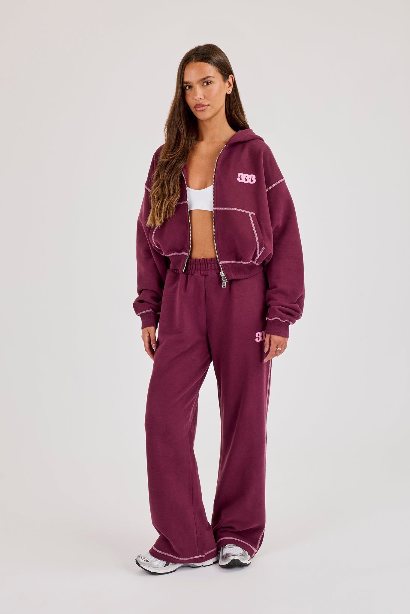 Contrast Stitch 333 Cherub & Bow Cropped Hoodie & Wide Leg Jogger - Berry
