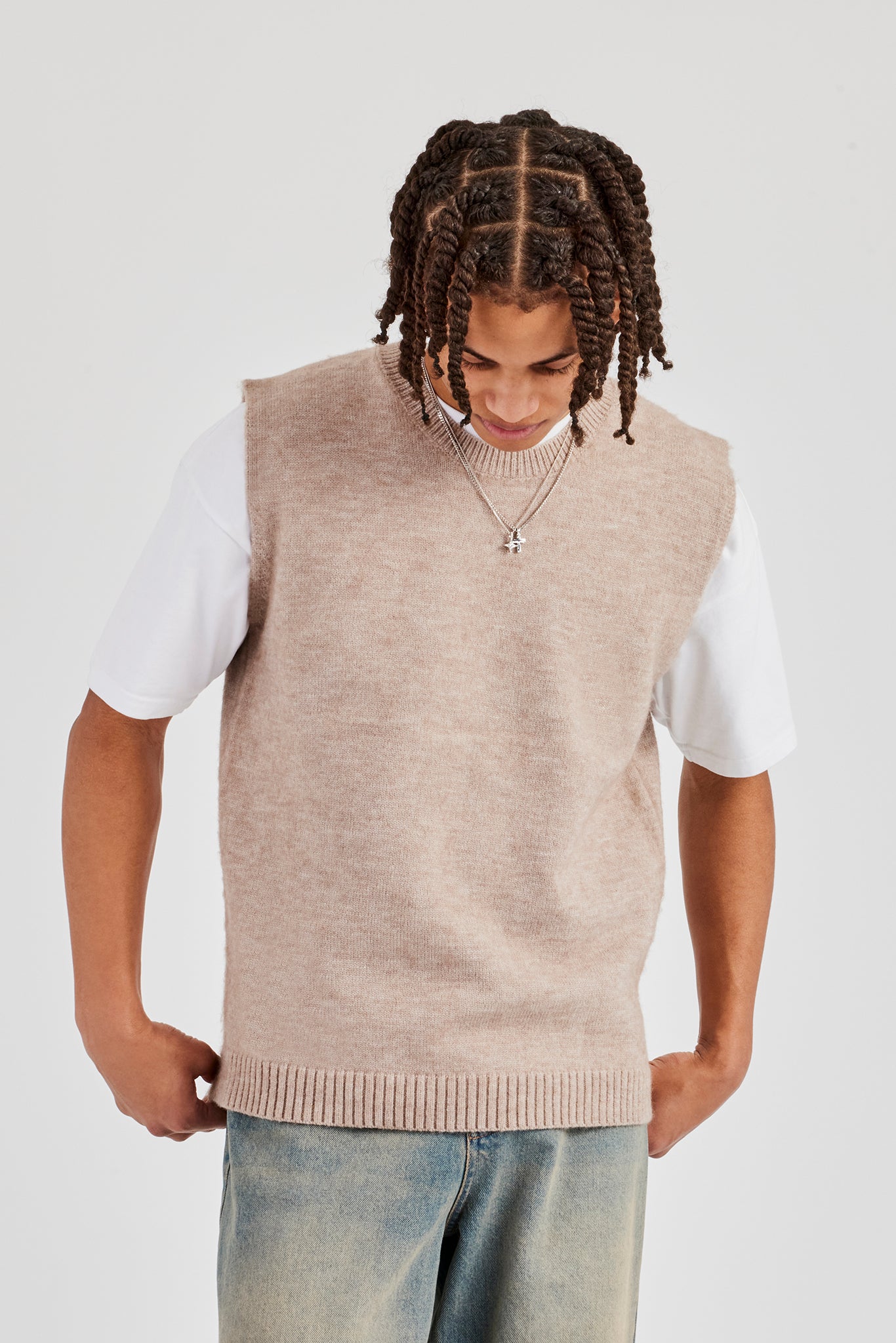 Brushed Knit Sleeveless Vest - Stone | Mens Knitwear | Shop