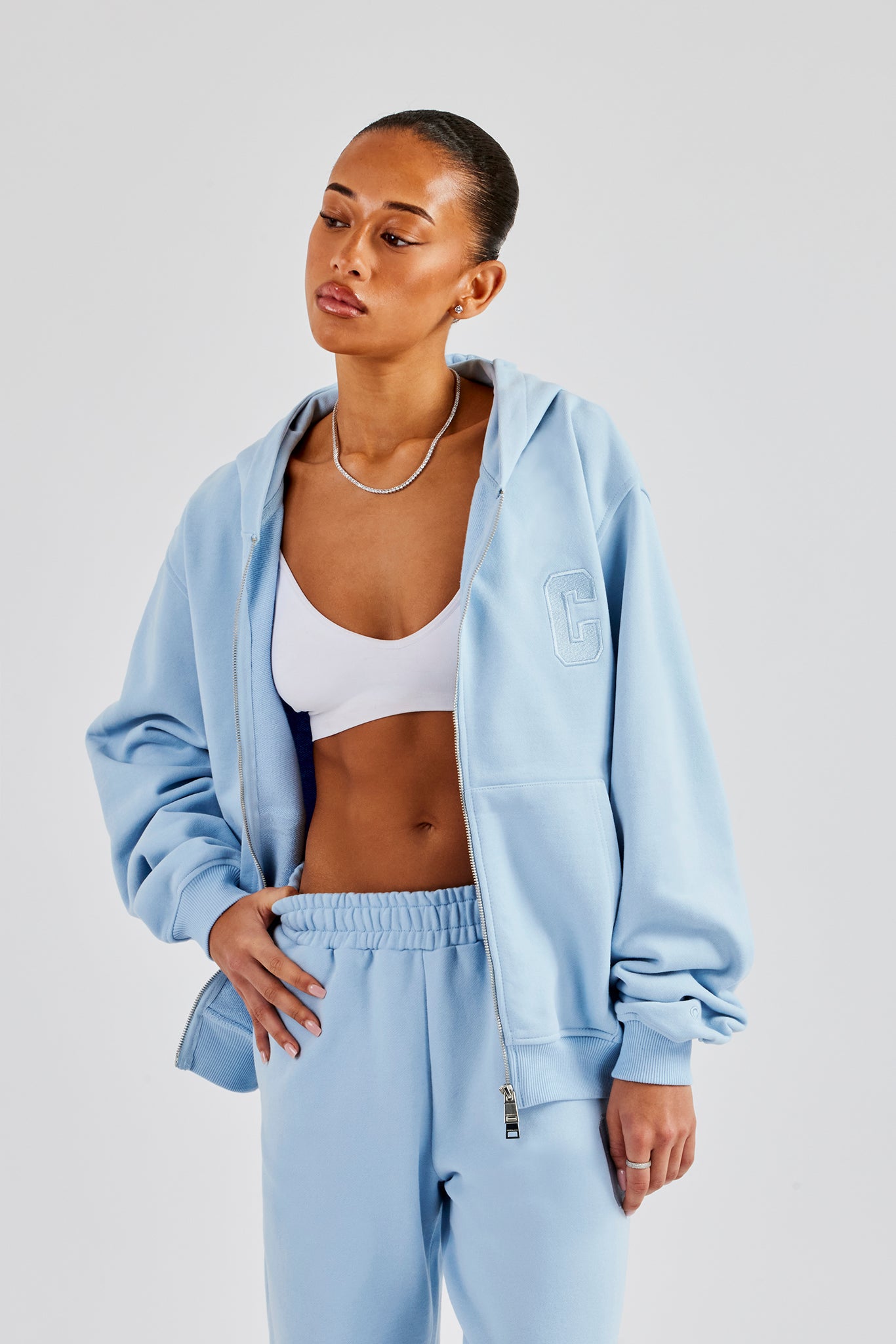 Embroidered C Zip Through Hoodie - Baby Blue | Womens Hoodies