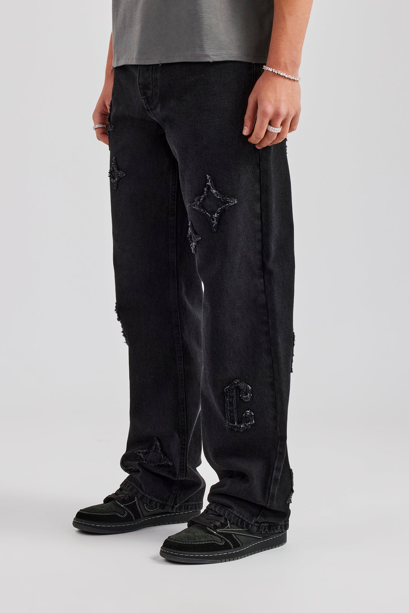 Mens Relaxed Fit Applique Denim Jean - Washed Black | Mens Denim