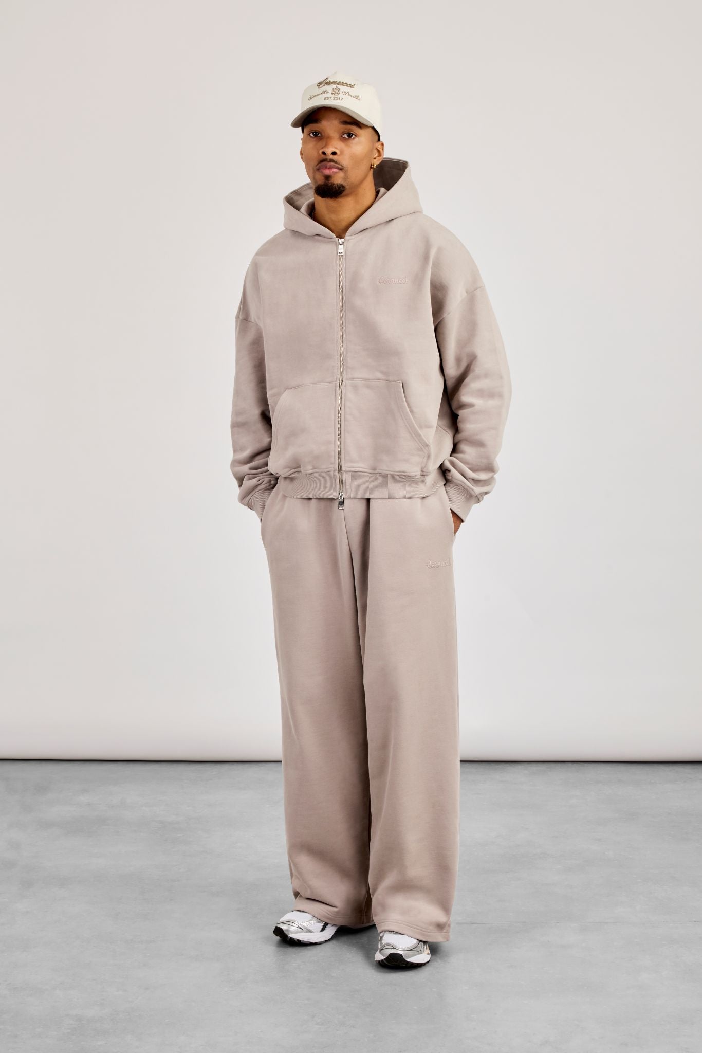 Zip Through Boxy Hoodie & Baggy Fit Jogger - Stone