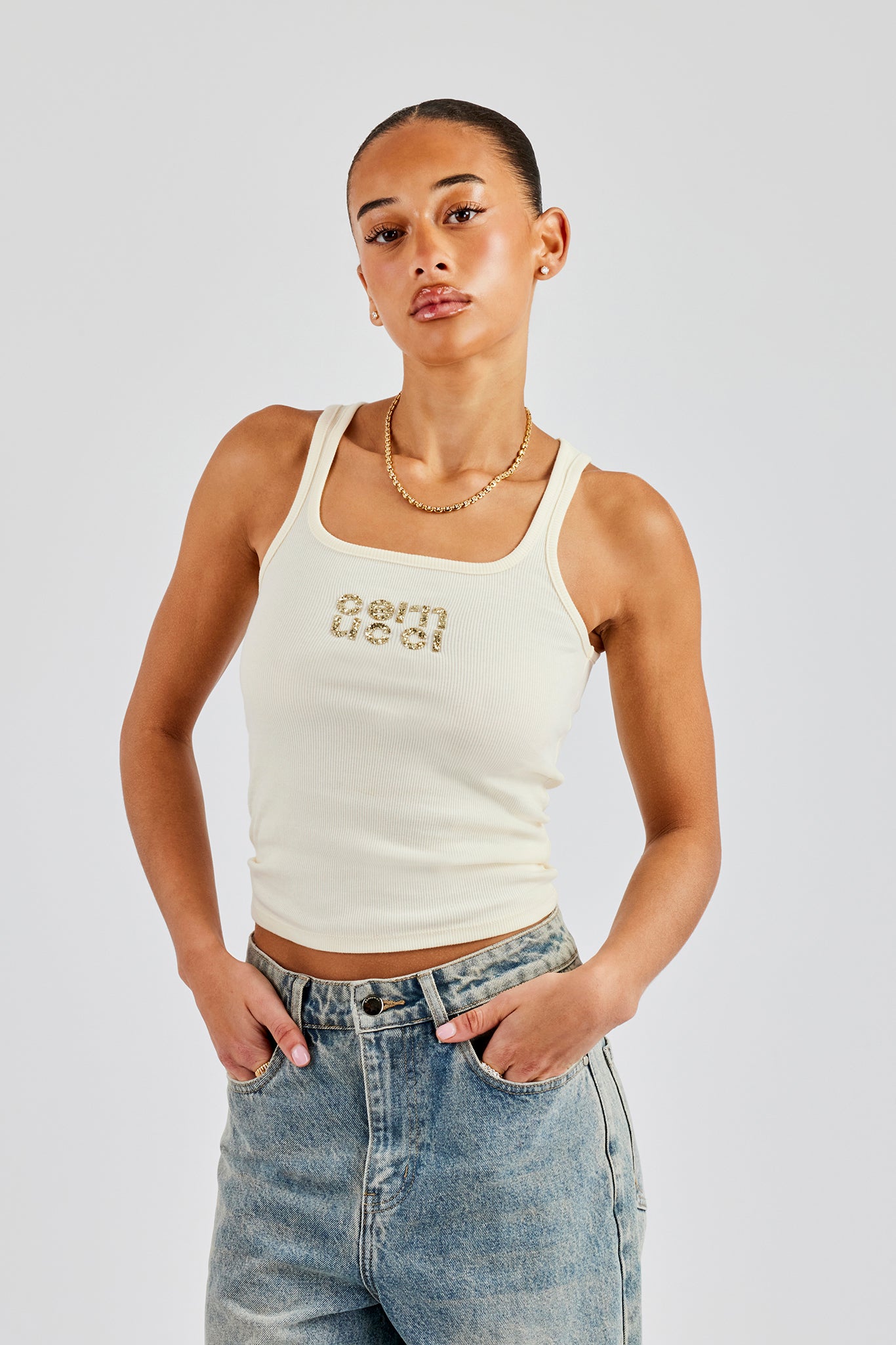 Rib Glitter Applique Vest Top - Butter Yellow | Womens Tees