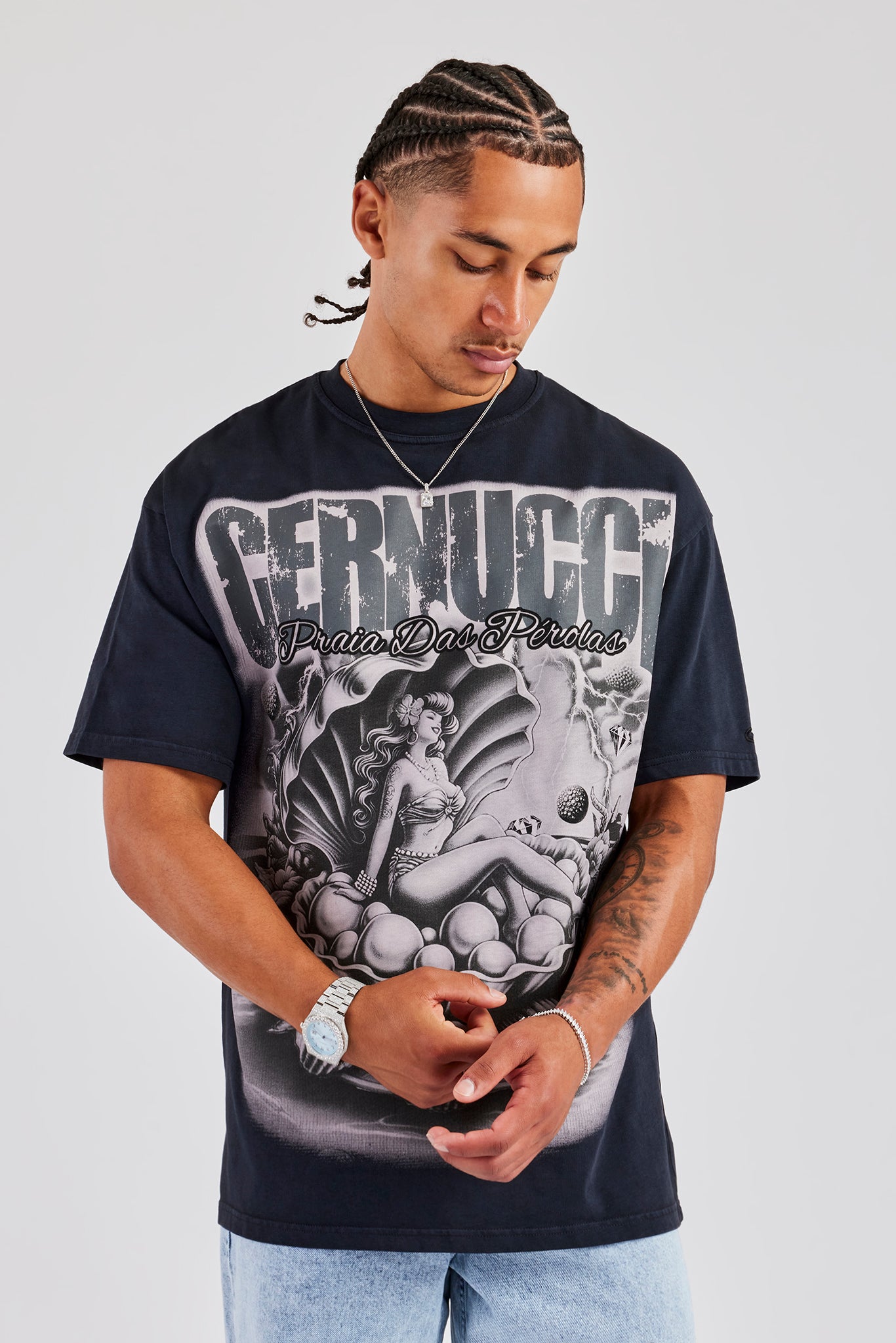 Acid Wash Praia Das Perolas Oversized T-Shirt - Charcoal | Mens