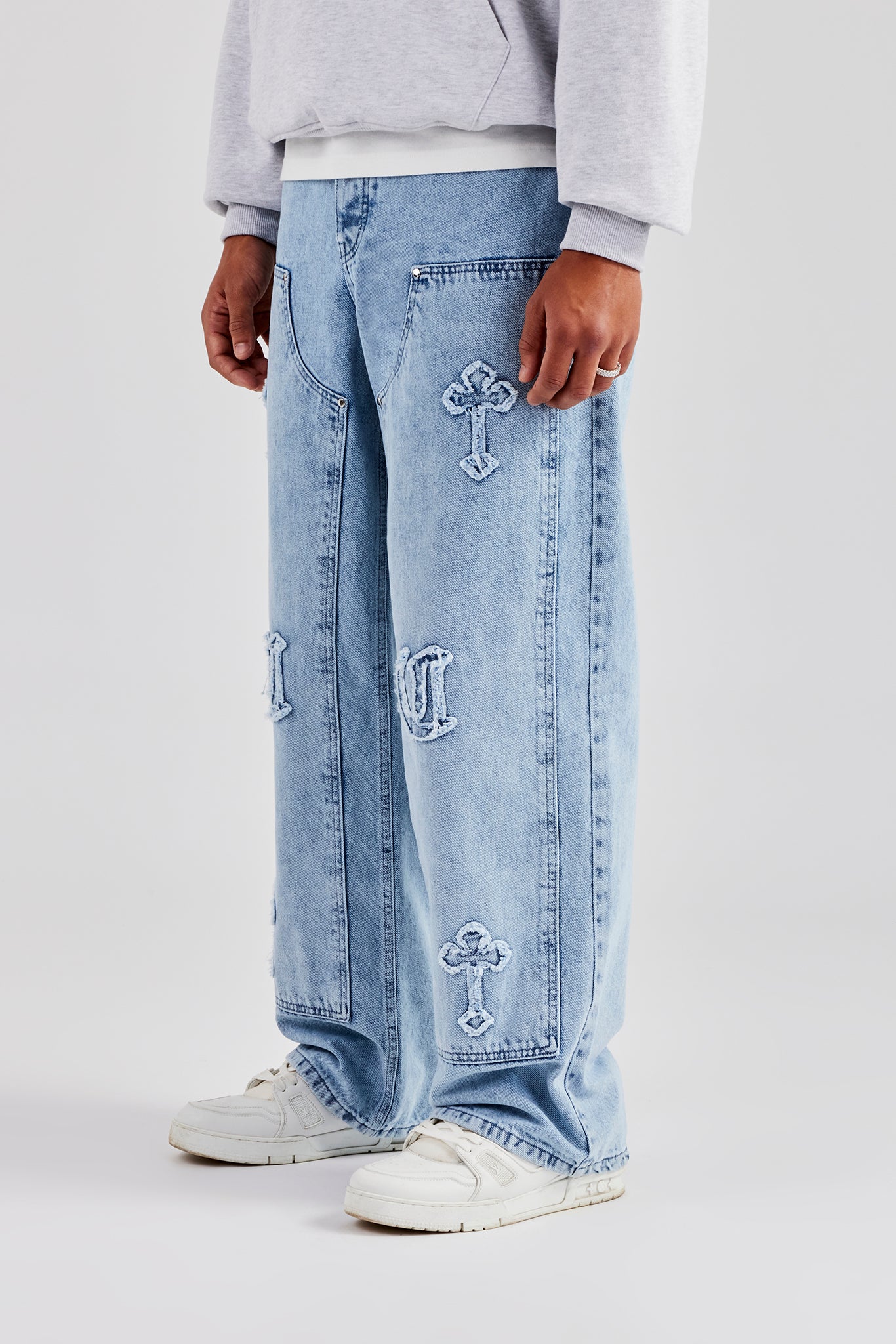 Raw Edge Applique Carpenter Denim Jeans - Light Blue | Mens Denim