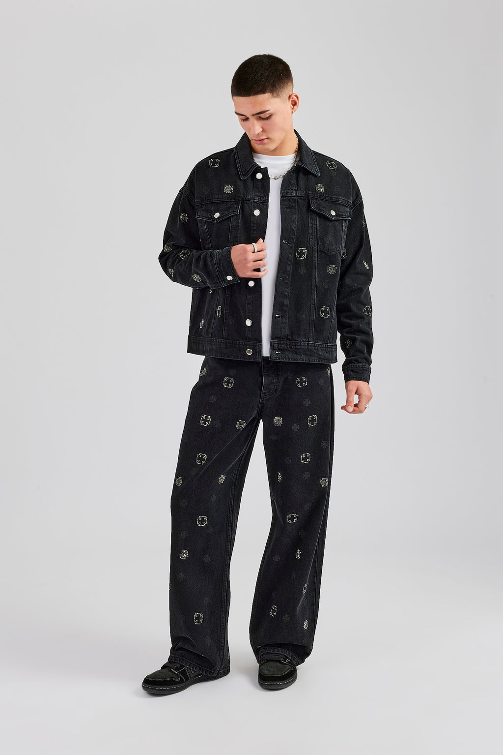 Oversized Embellished Denim Jacket Washed Black Mens Denim