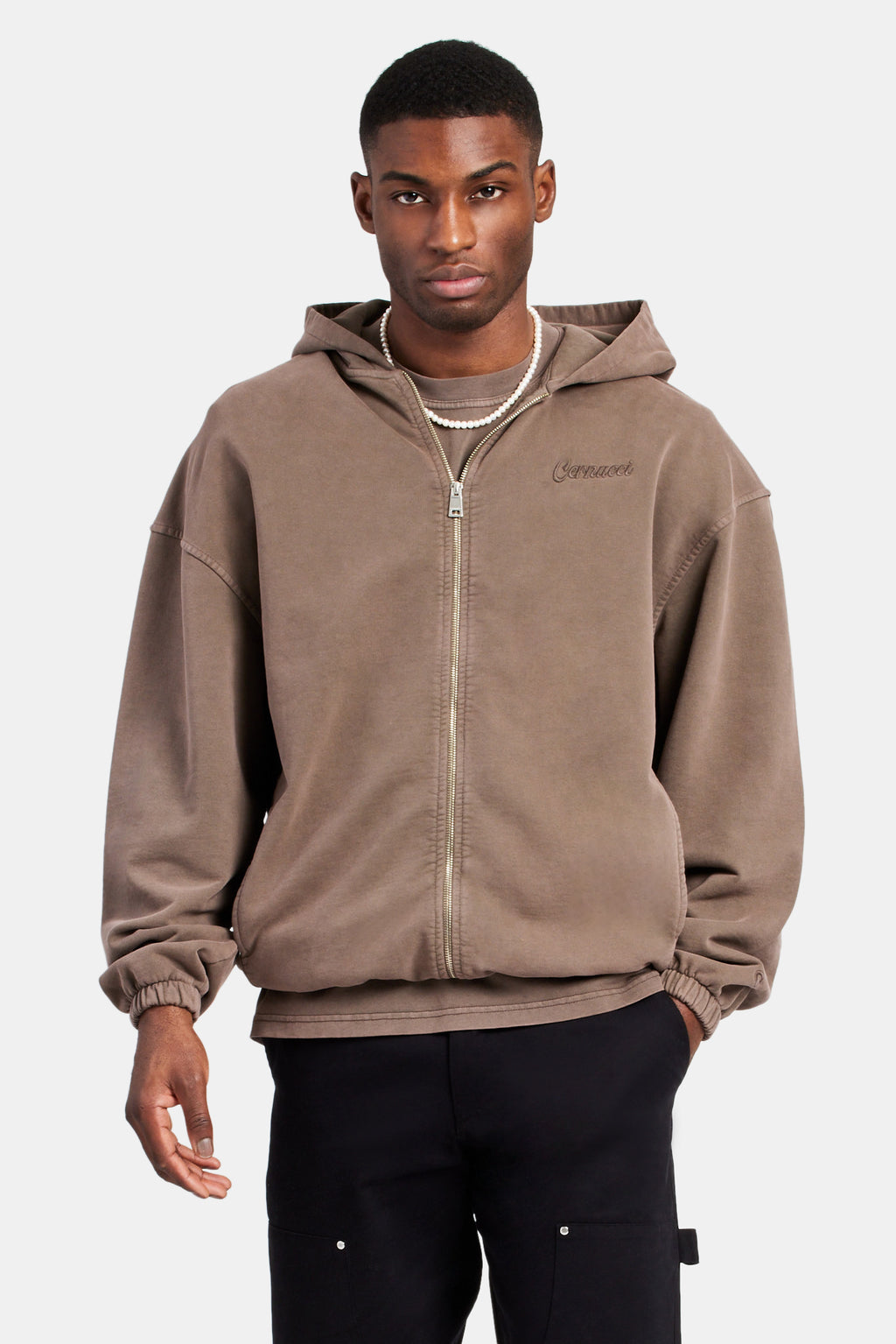 Embroidered Zip Through Hoodie Washed Brown Mens Hoodies