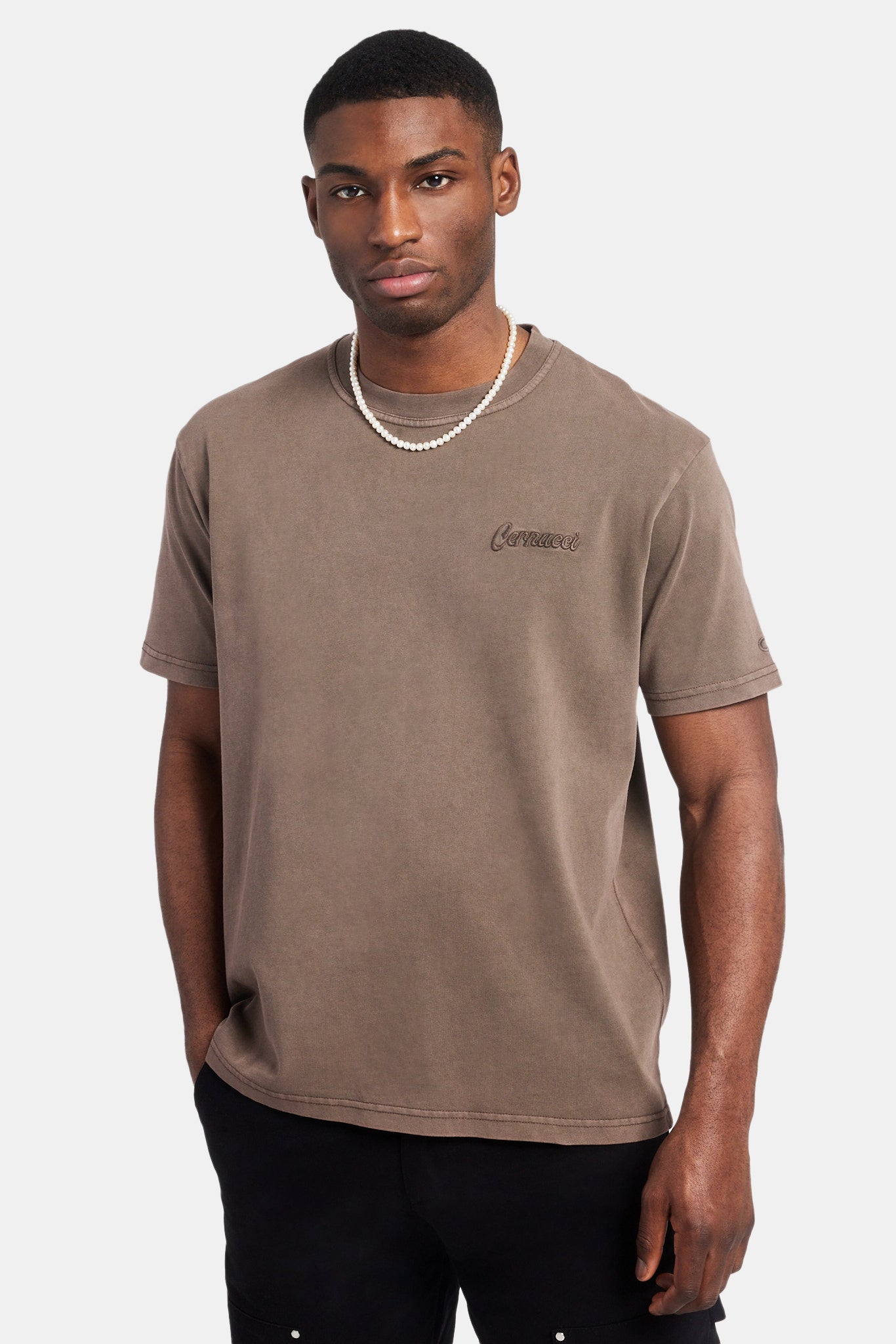 Embroidered T-Shirt - Washed Brown | Mens Tees & Vests | Shop T