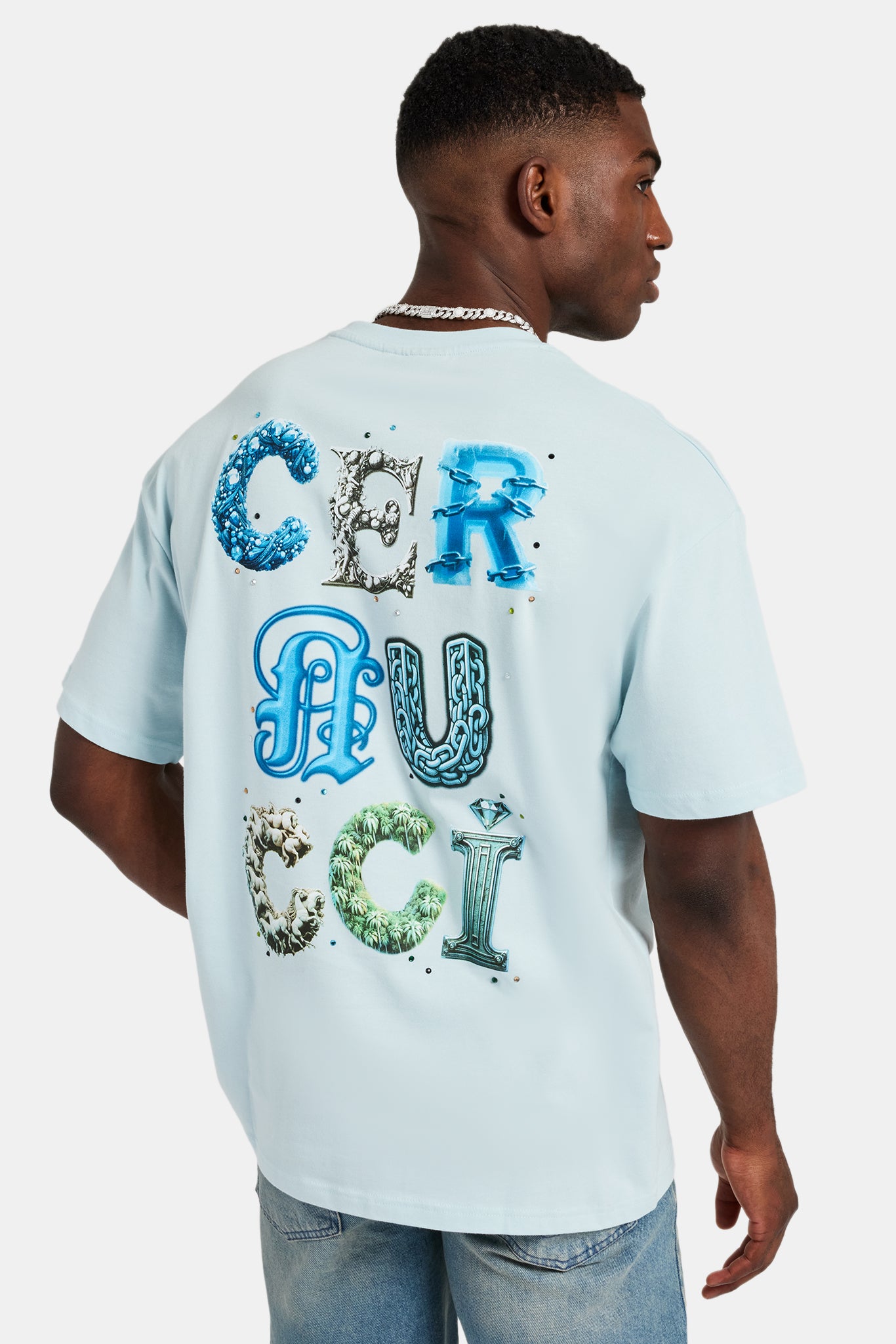 Cernucci Letter Rhinestone Oversized T-Shirt - Light Blue | Mens