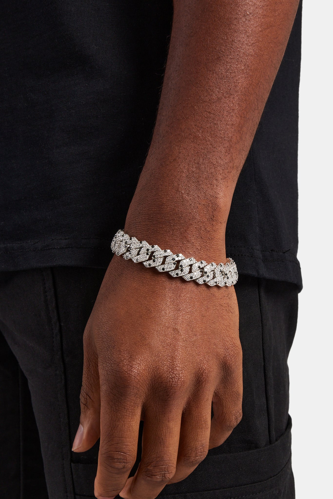 14mm Iced Clear & Black CZ Prong Link Bracelet | Mens Bracelets