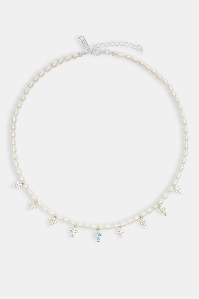 Womens Freshwater Pearl & Multi Colour Ice Cross Necklace - White