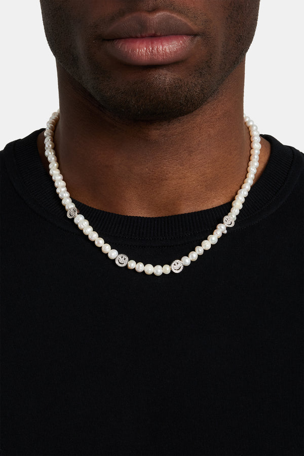 Iced Happy Face Pearl Necklace - 6mm