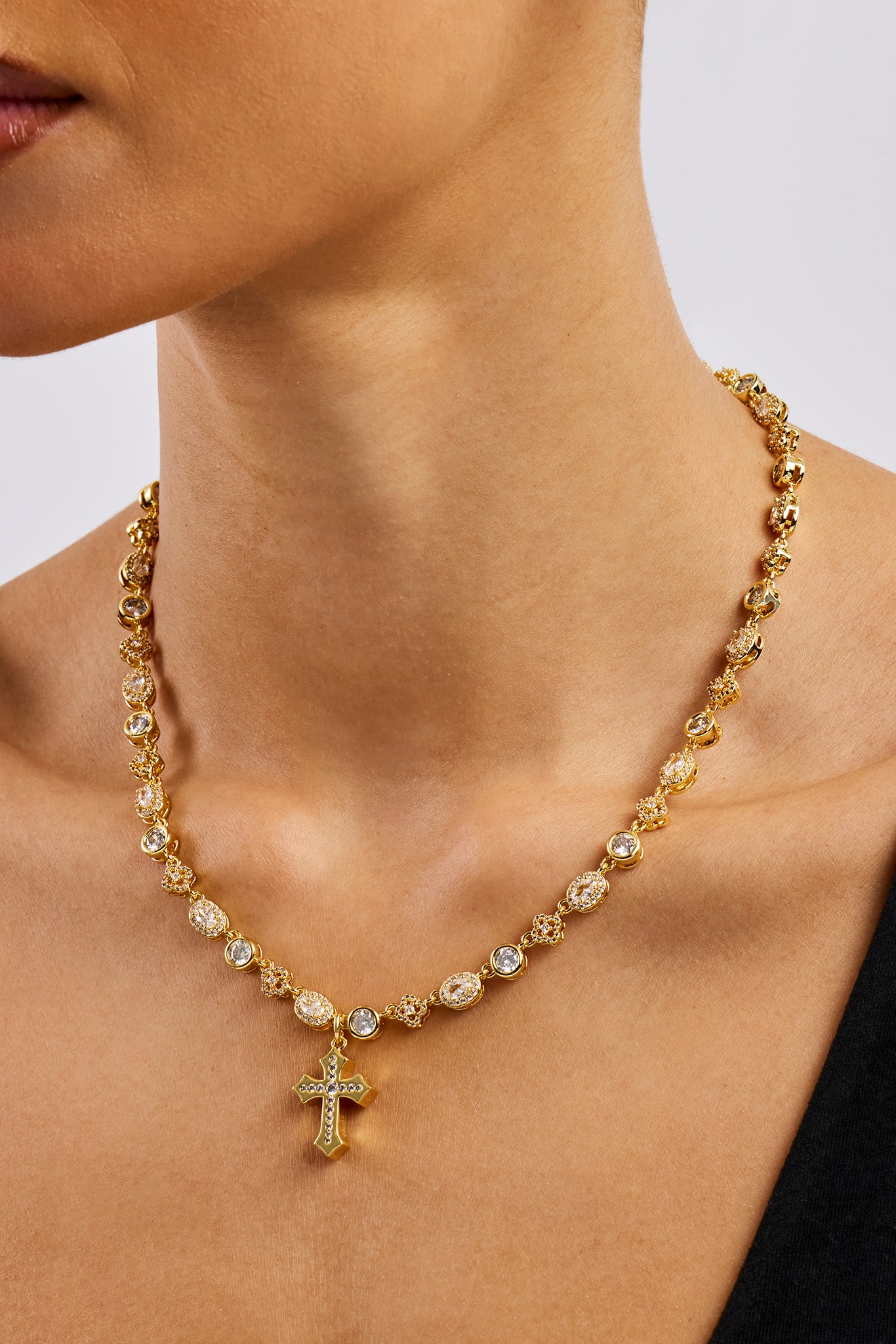 Womens Iced Drop Cross & Motif Multi Gemstone Chain - 6mm - Gold