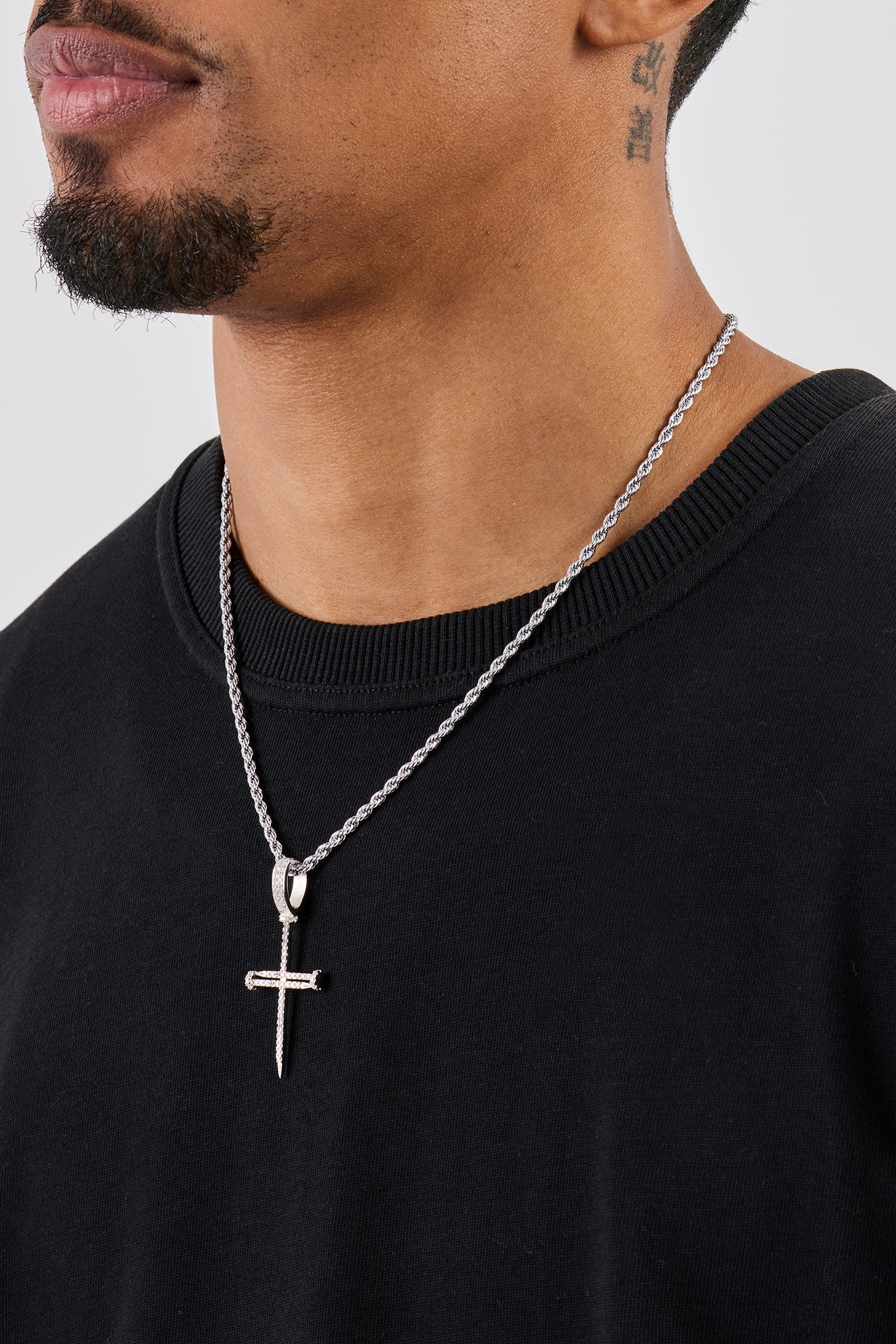Iced Nail Cross Pendant Rope Necklace - 20mm - White