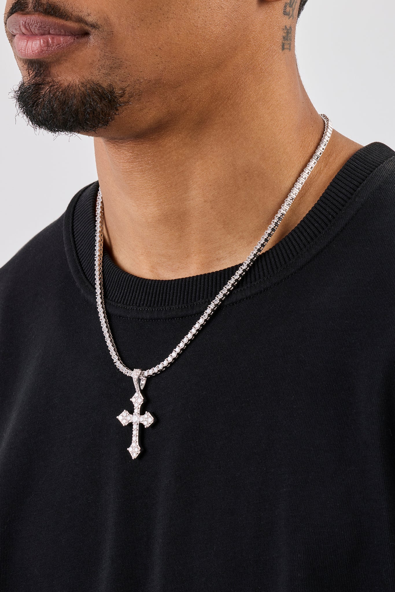 Iced Celtic Cross Pendant Tennis Necklace - 35mm - White