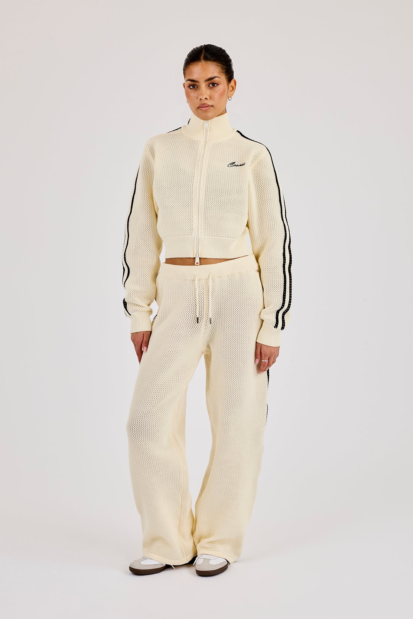 Knitted Taping Funnel Neck Track Jacket & Wide Leg Jogger - Off White