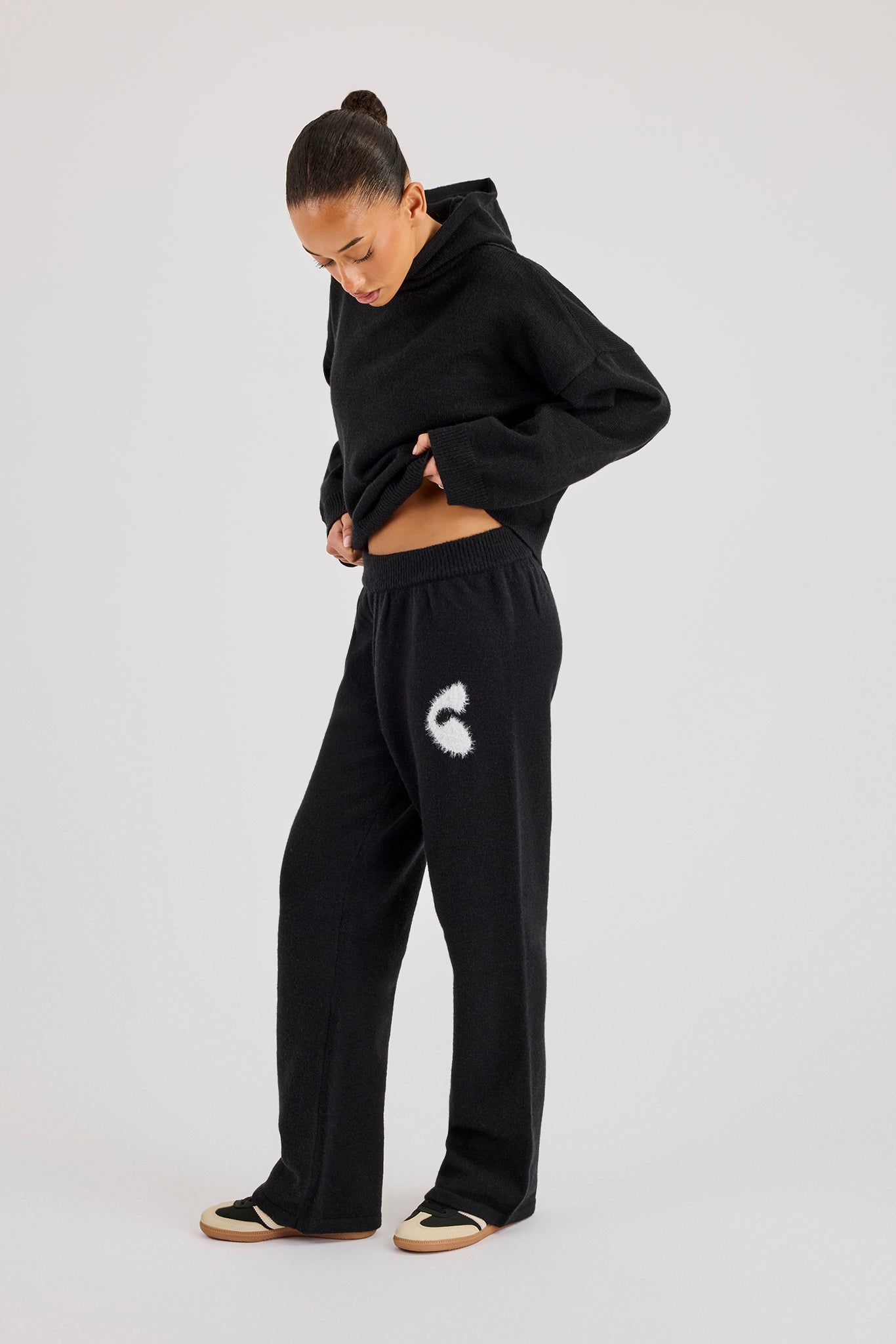Fluffy Intarsia Boxy Hoodie & Wide Leg Jogger - Black