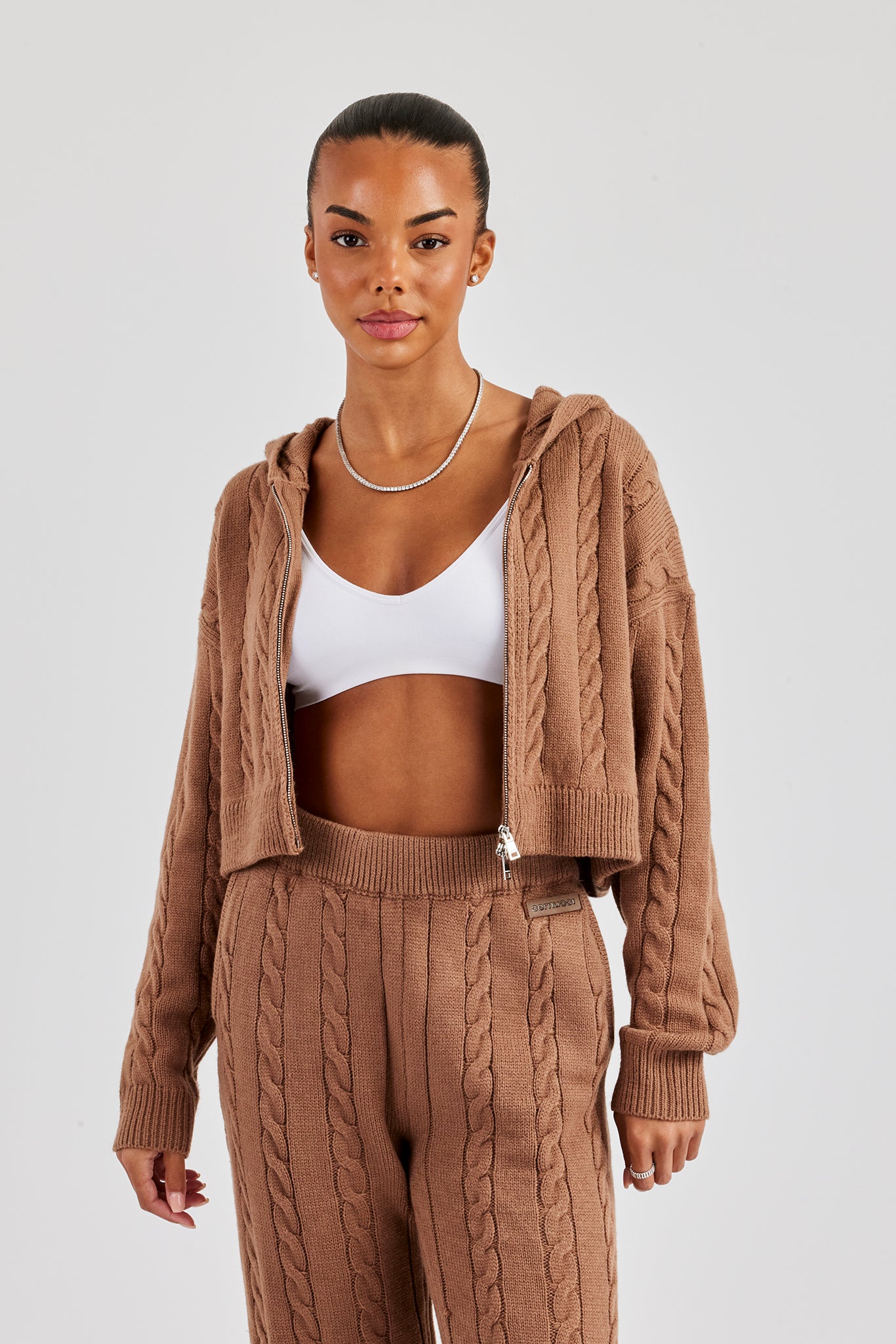 Cable Knit Cropped Knitted Hoodie - Tan | Womens Knitwear | Shop