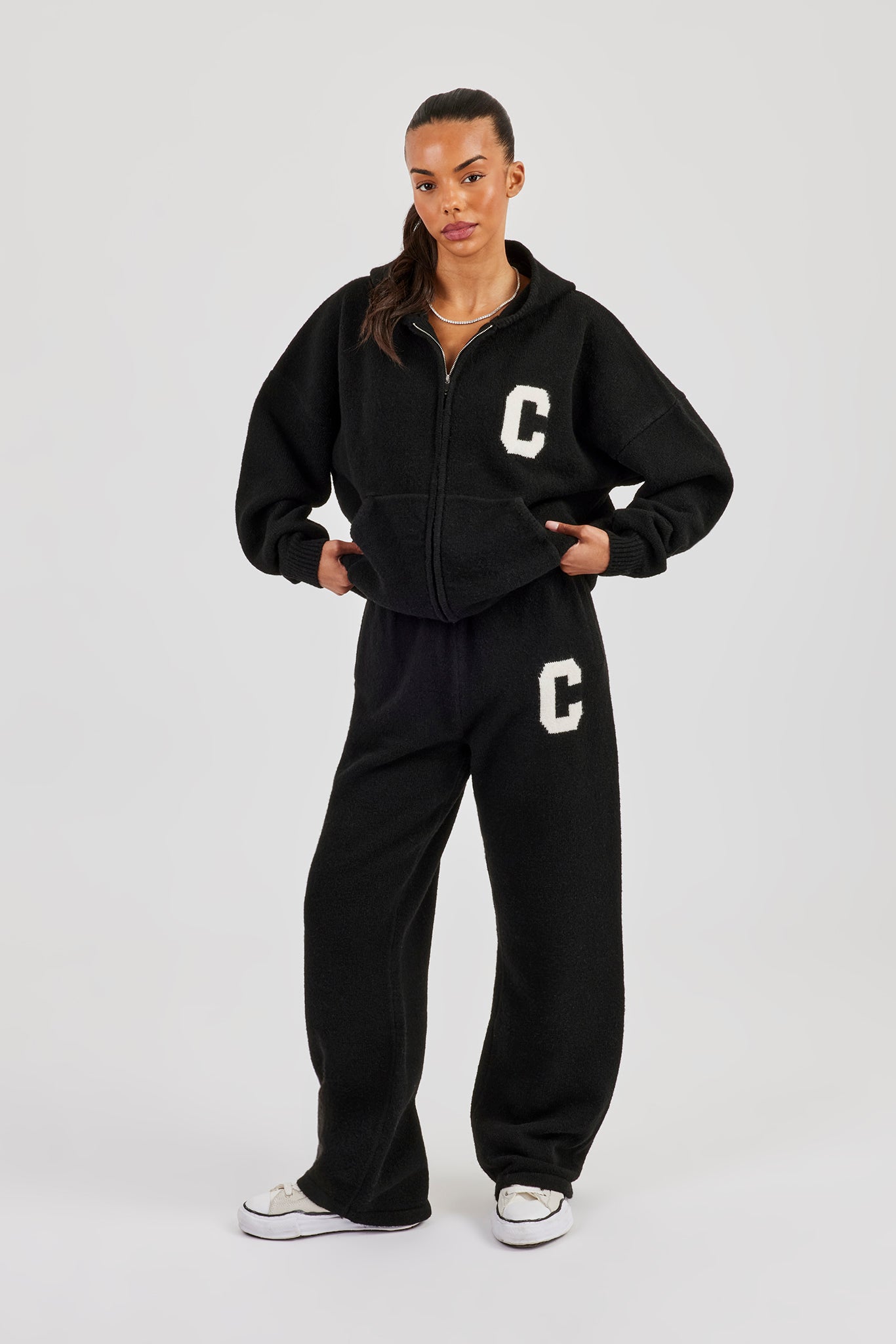 Hooded Zip Through Knitted Tracksuit - Black | Womens Sets | Shop